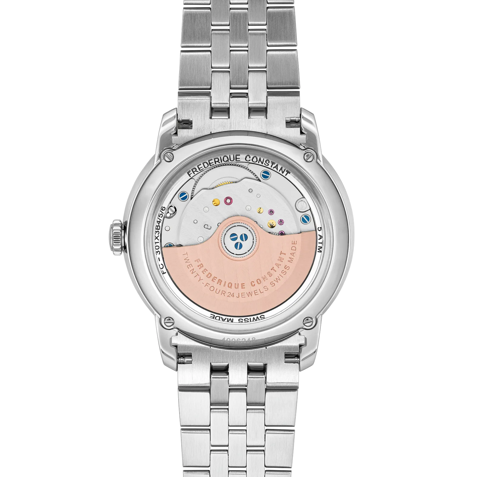 Polished silver caseback and metal link strap.