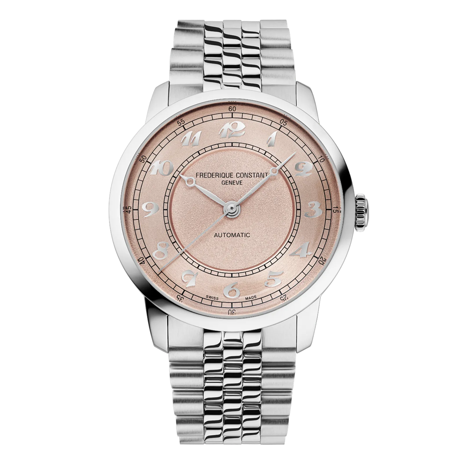 Silver watch with white pearl dial and link bracelet.