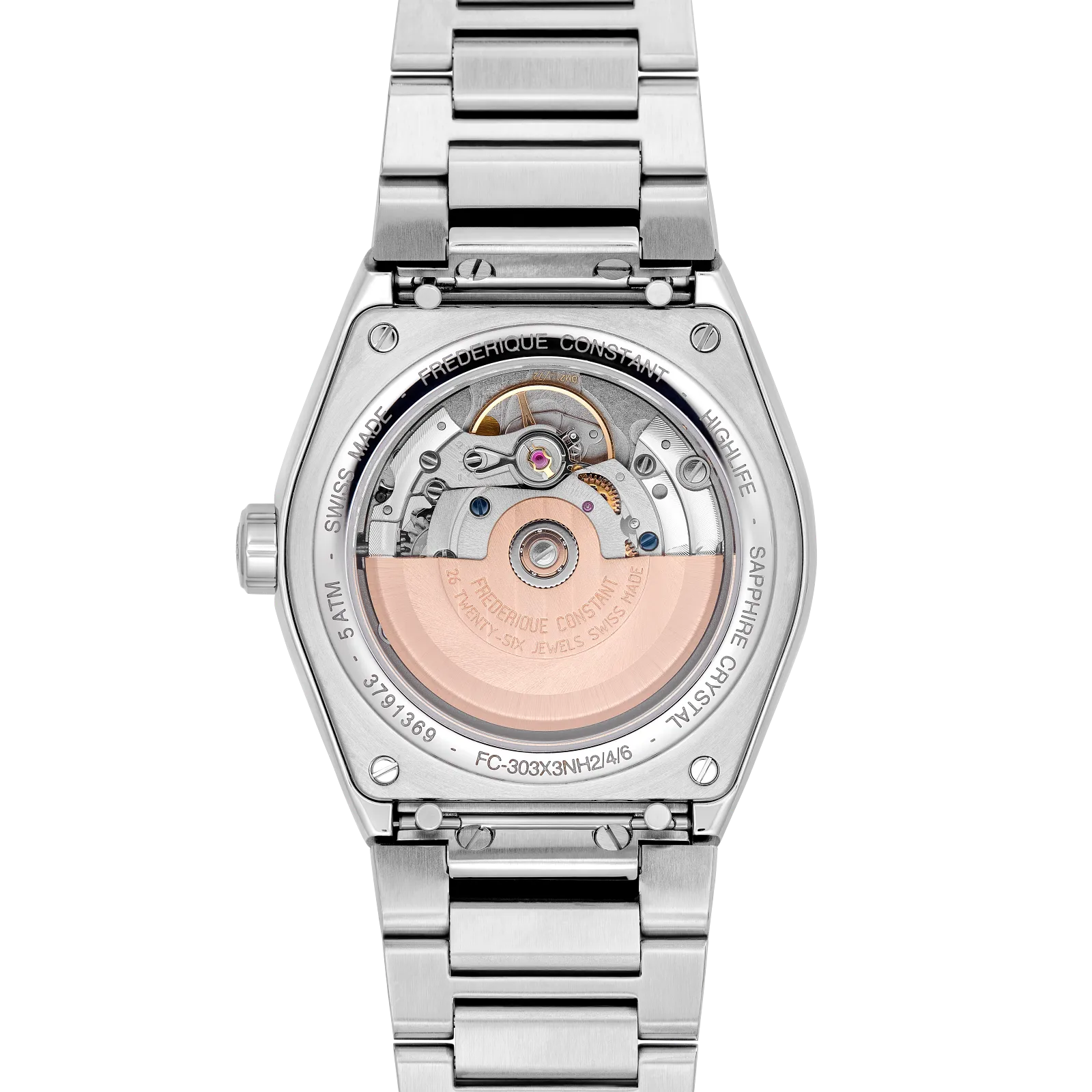 Exhibition caseback showing automatic movement and silver strap.