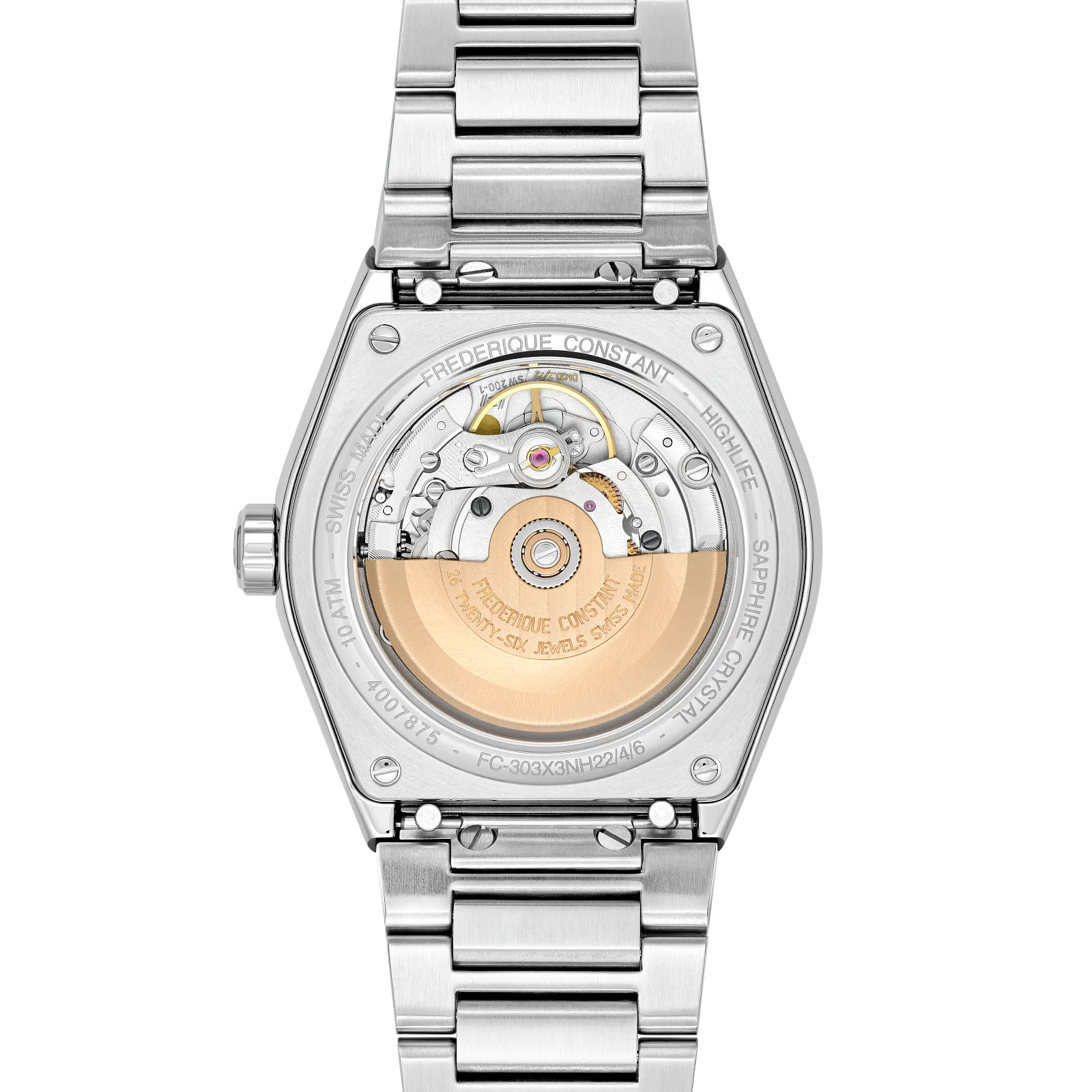 Transparent case back revealing the gold-tone automatic movement.
