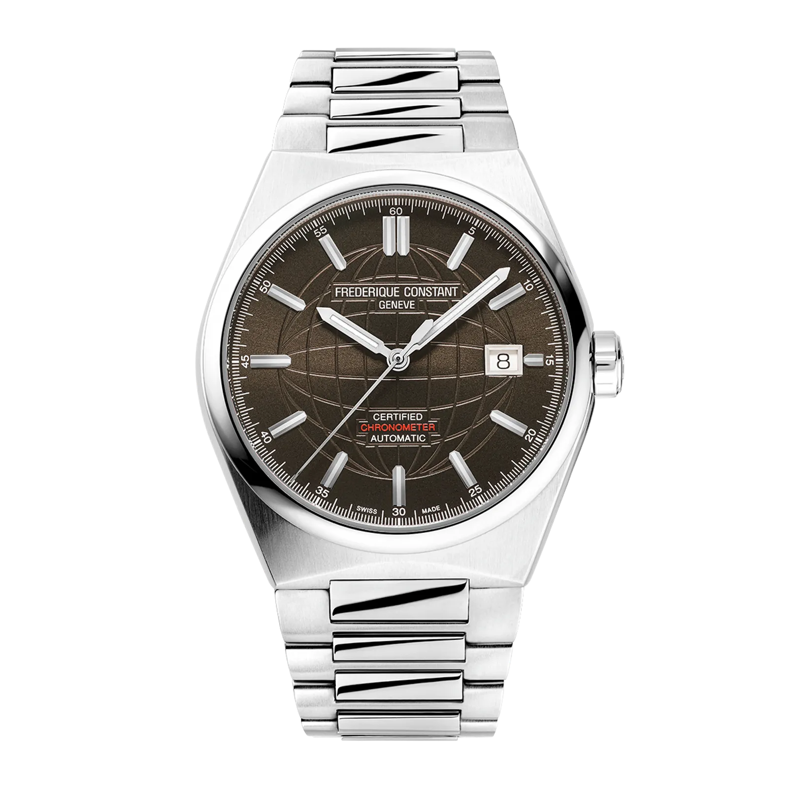 Silver automatic watch with a dark brown textured dial and integrated bracelet.