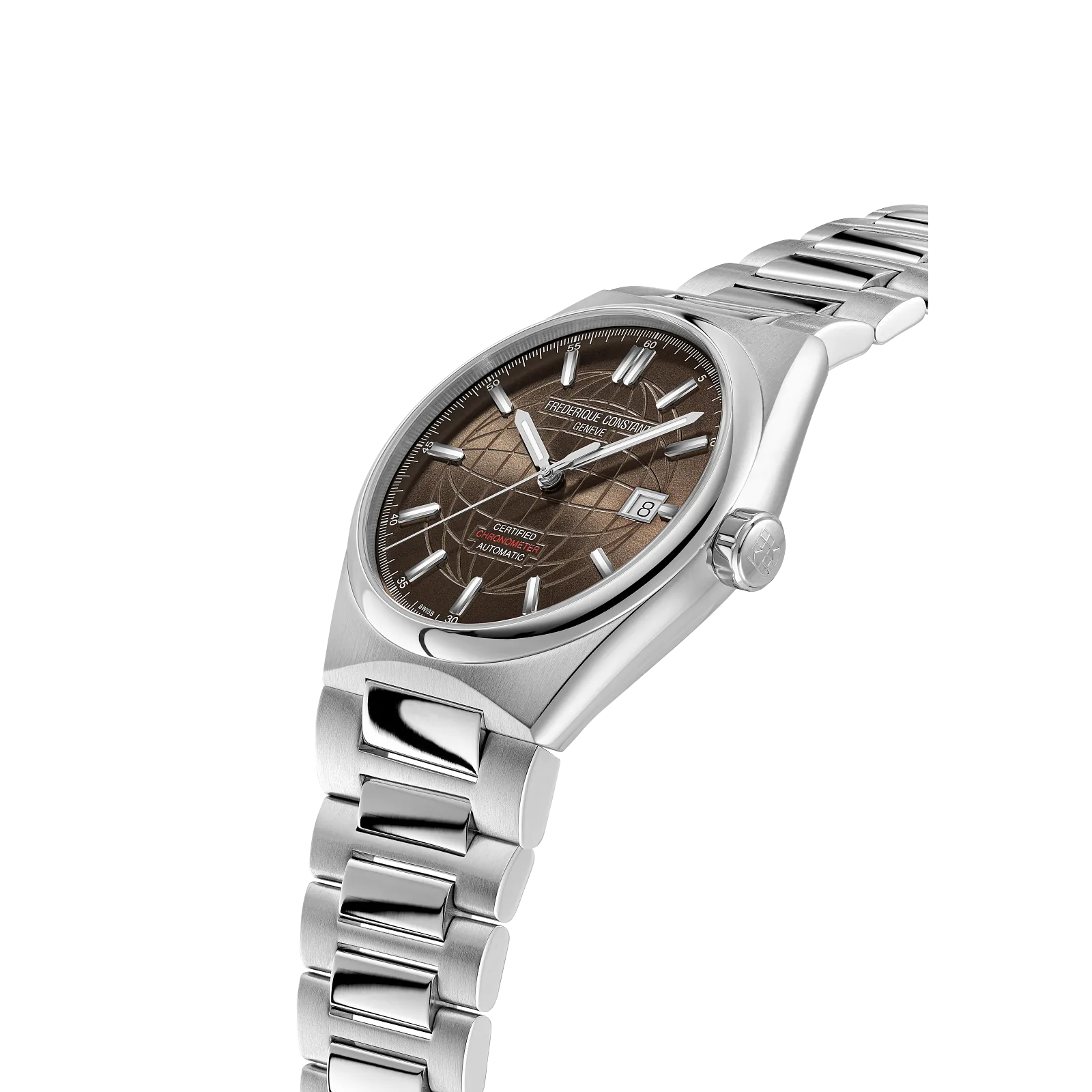 Profile view of the slim polished case and steel bracelet links.