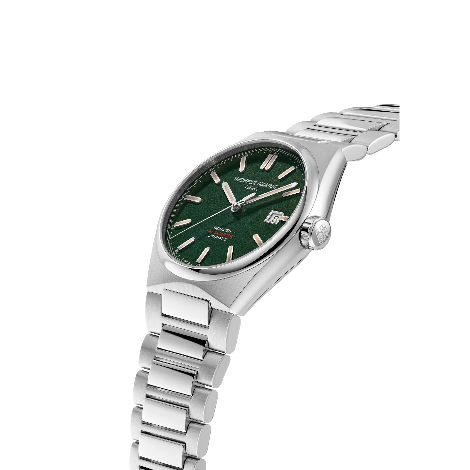 ide view of green dial and integrated silver metal bracelet.