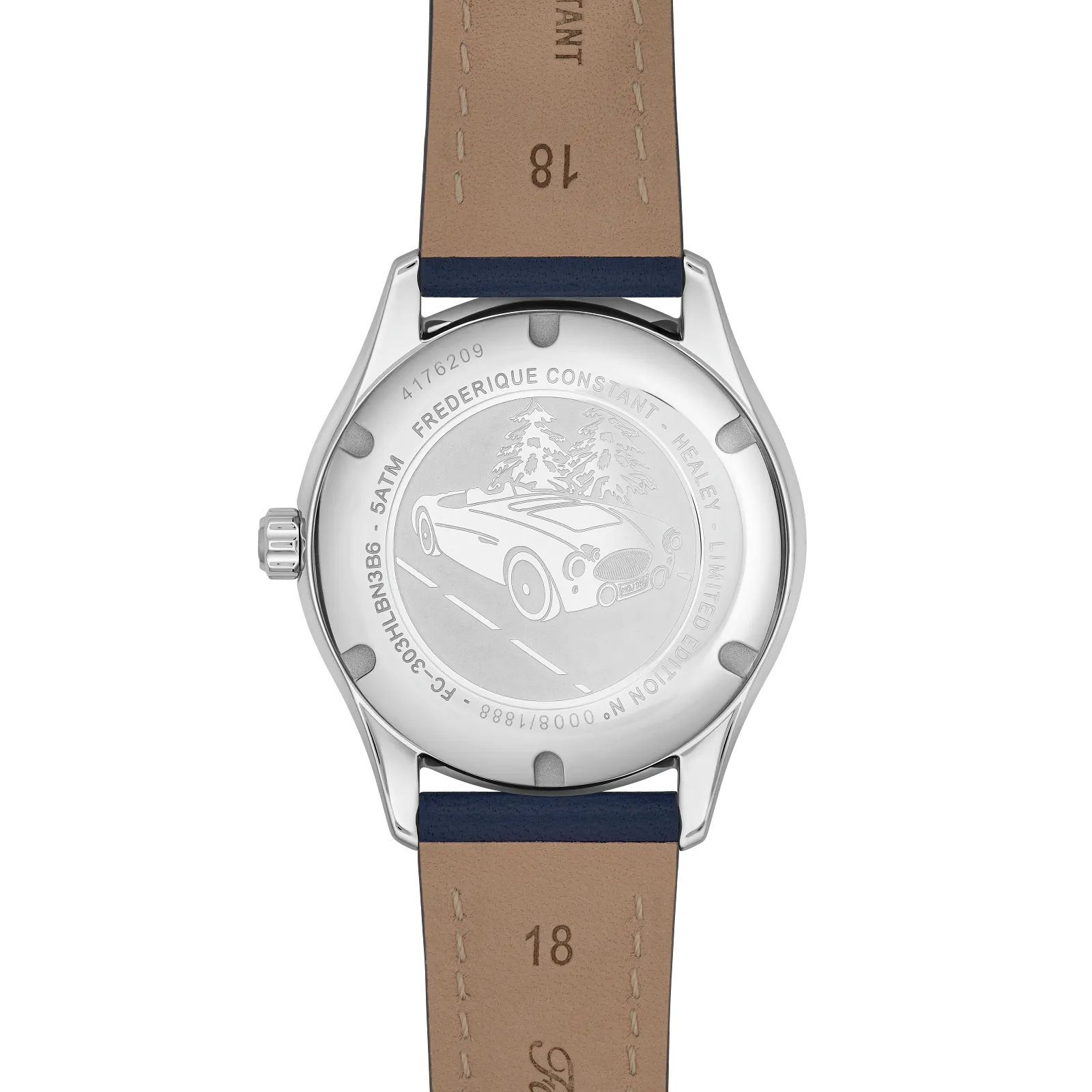 Close-up of the polished stainless steel caseback and the tan leather lining of the navy blue strap.