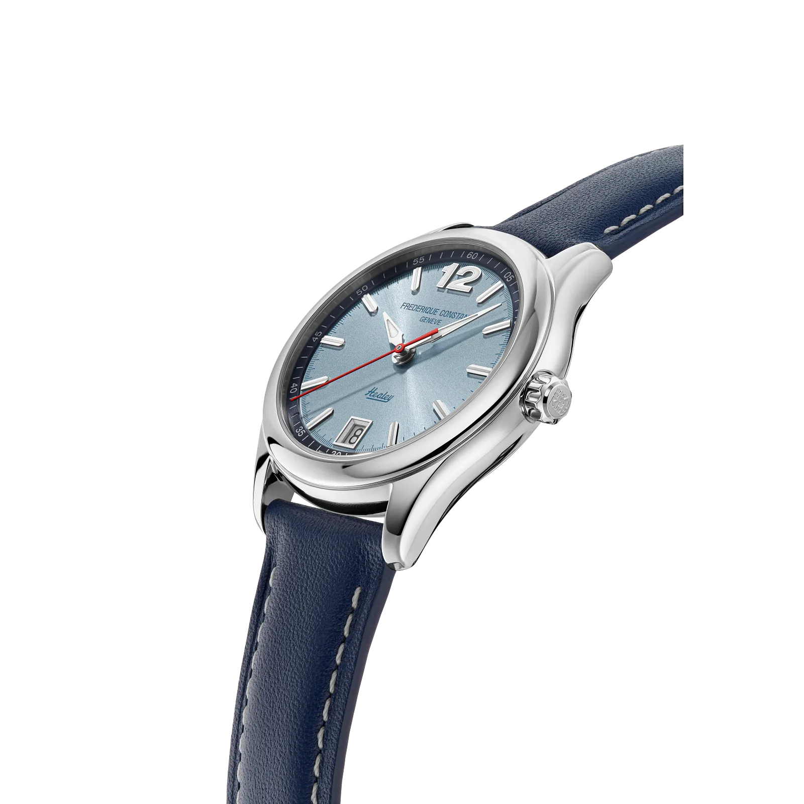 Profile shot showcasing the sleek silver case, the sunray blue dial with red seconds hand, and the tapered navy leather strap.