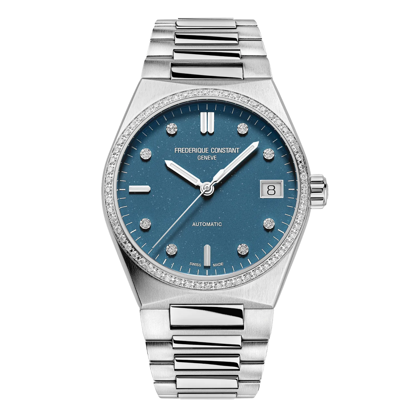 Stainless steel watch with a diamond-set bezel, turquoise dial, and an integrated link bracelet.