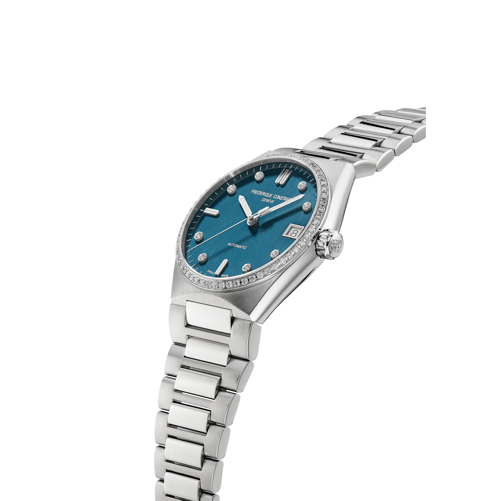 Side profile highlighting the turquoise blue dial, diamond-set bezel, and polished silver link strap.