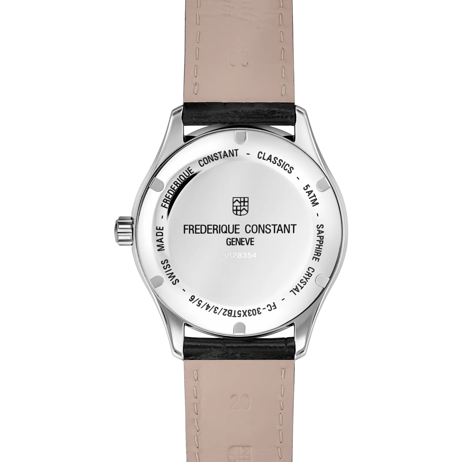 Engraved stainless steel case back with a light tan leather strap interior.