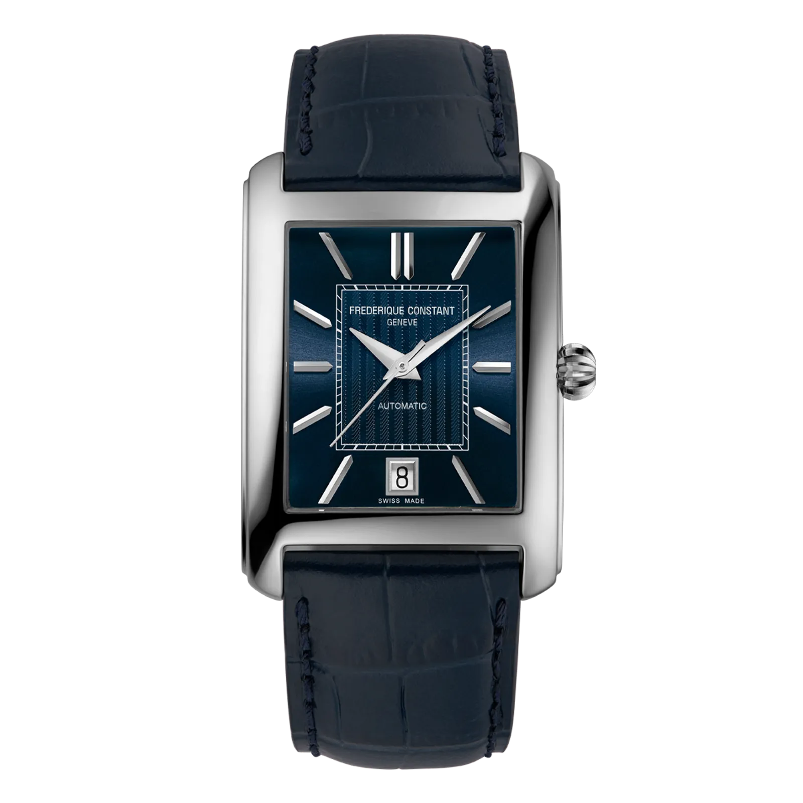 Rectangular silver watch with a navy blue textured dial and black leather strap.