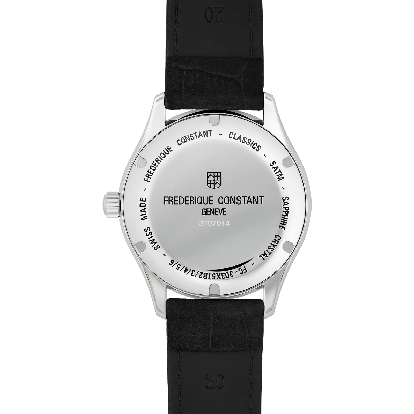 Rear view of the watch featuring a solid stainless steel case back with brand engravings.