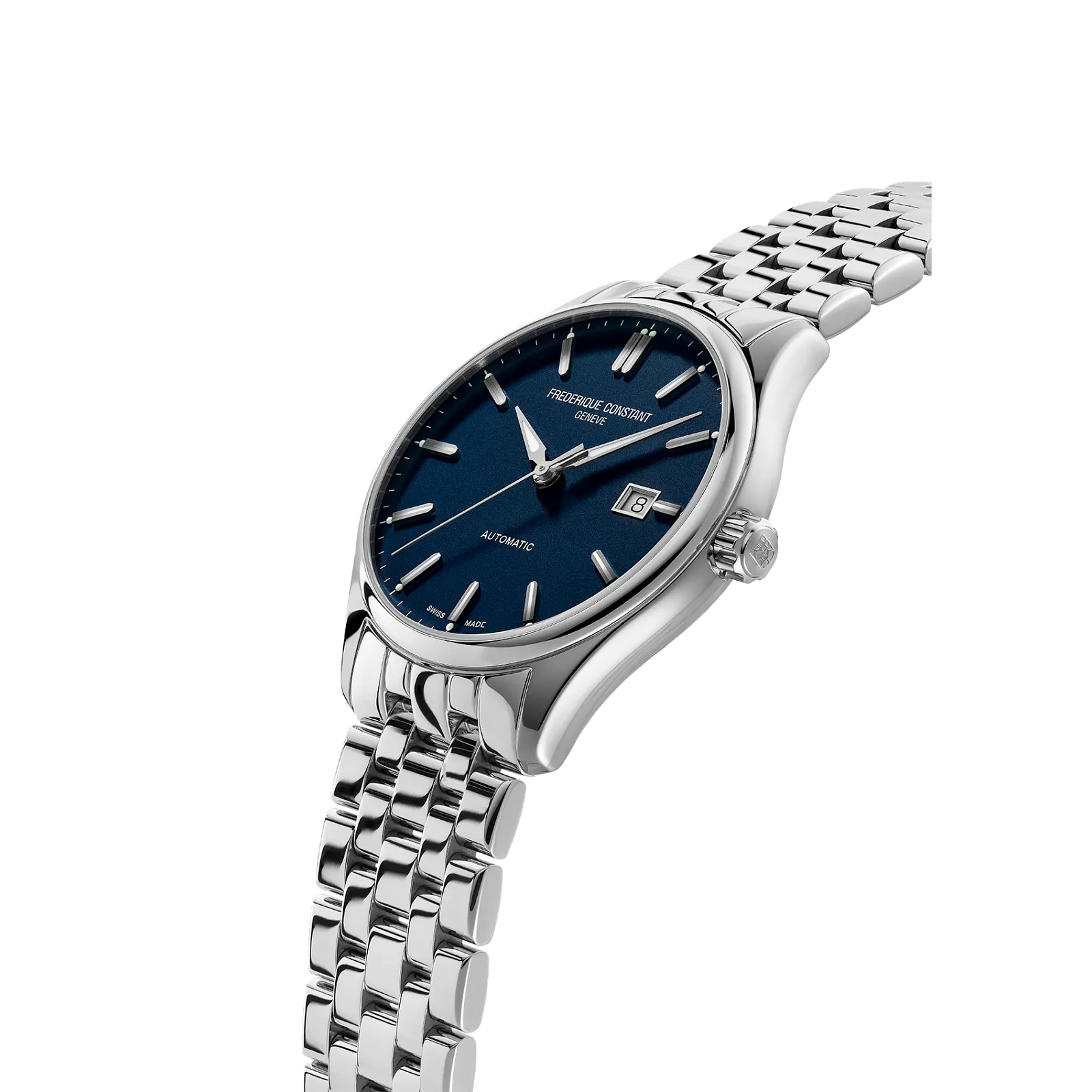 Side angle showcasing the sunray blue dial, date window, and polished steel bracelet links.