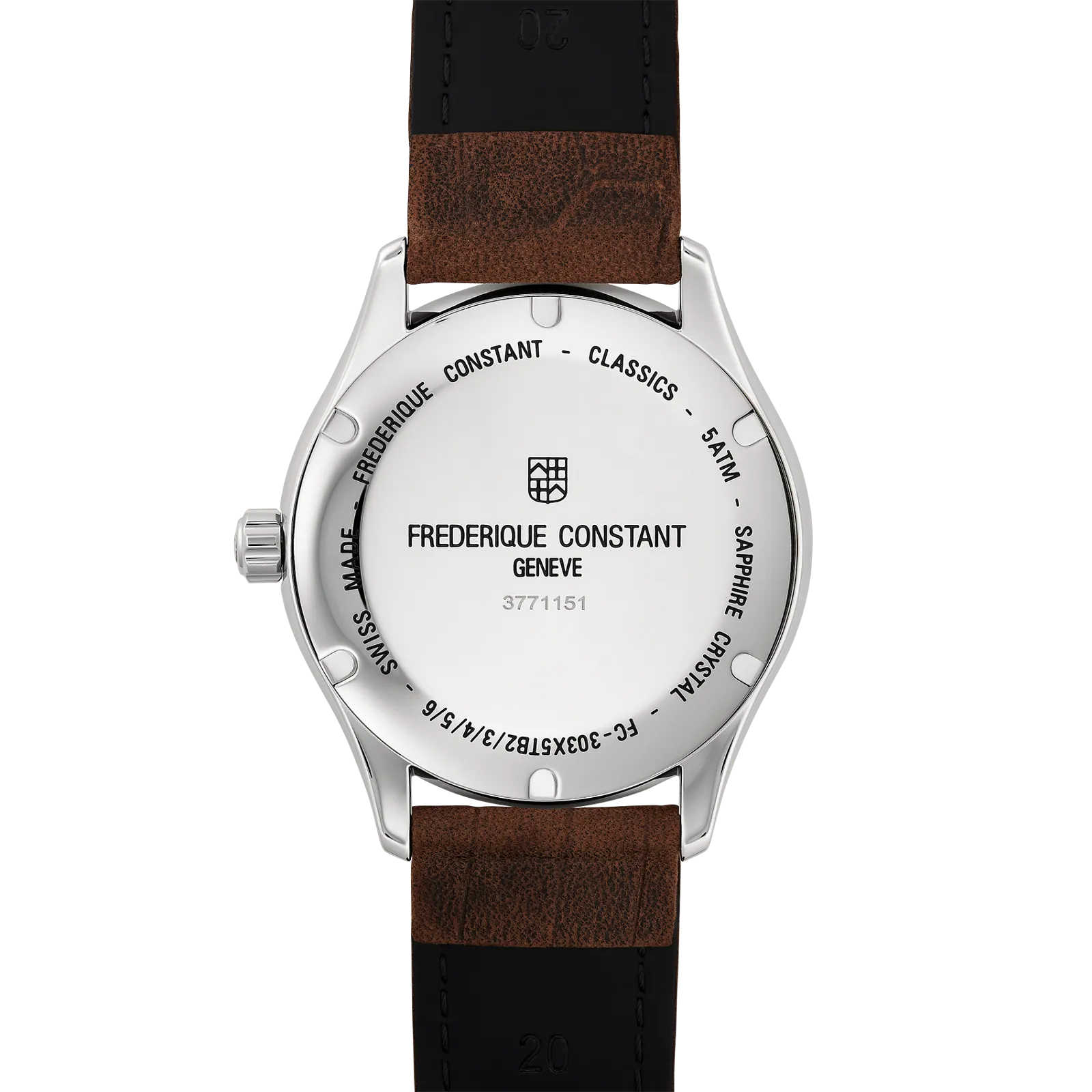 Side angle showing the stainless steel case, date window, and textured brown strap.