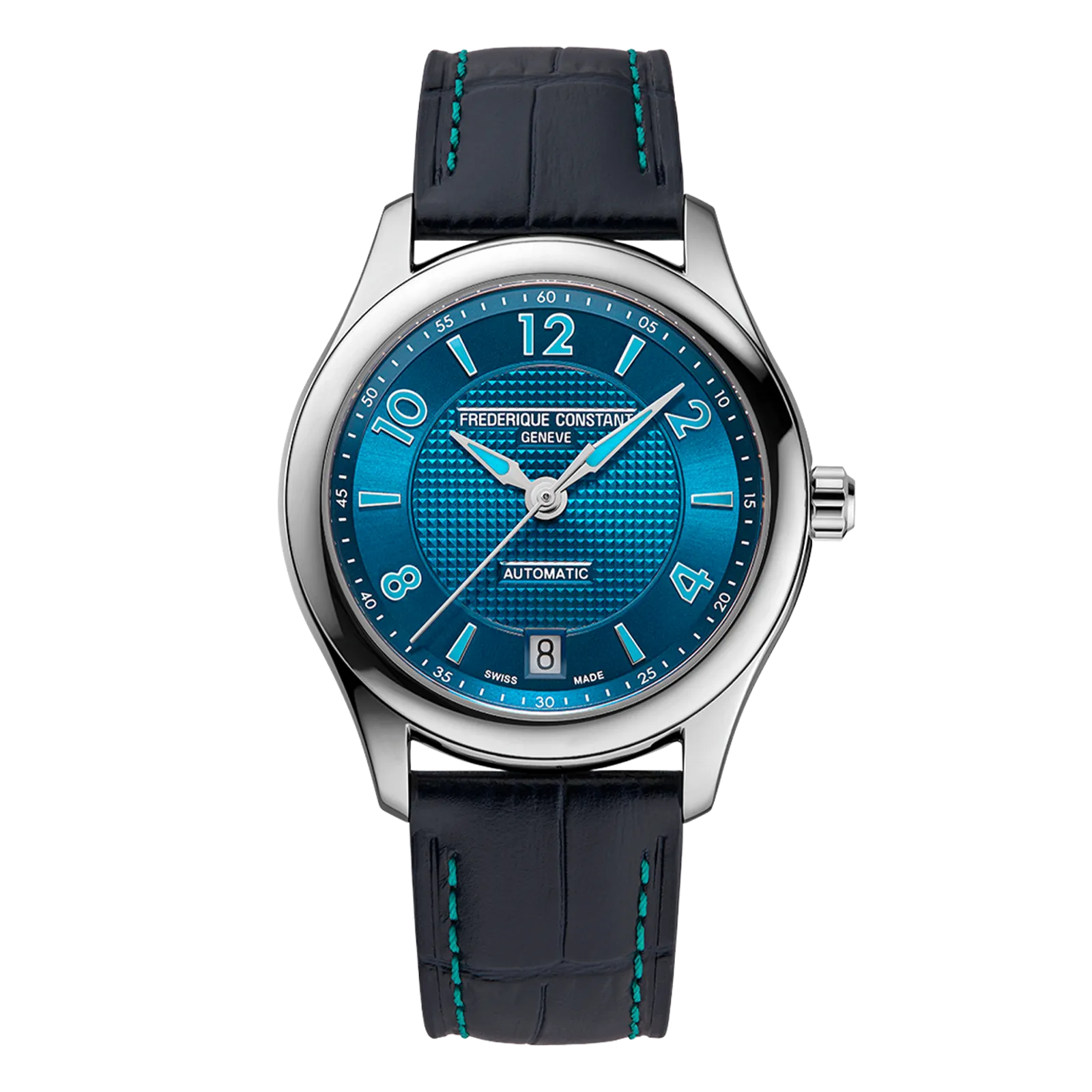 Men's luxury automatic watch with a vibrant teal blue textured dial, luminous Arabic numerals, and a navy blue leather strap with teal contrast stitching.