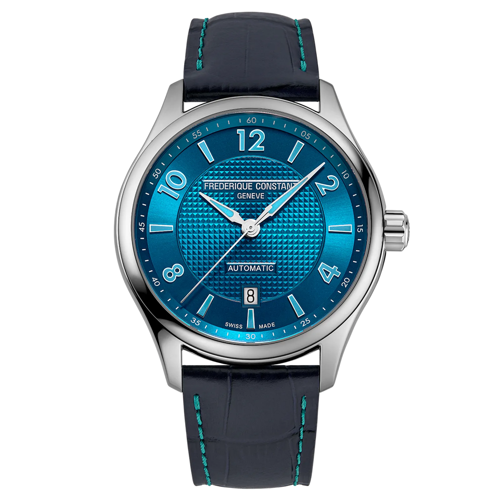 Silver watch with a textured teal-blue dial, Arabic numerals, and a dark blue leather strap with teal stitching.