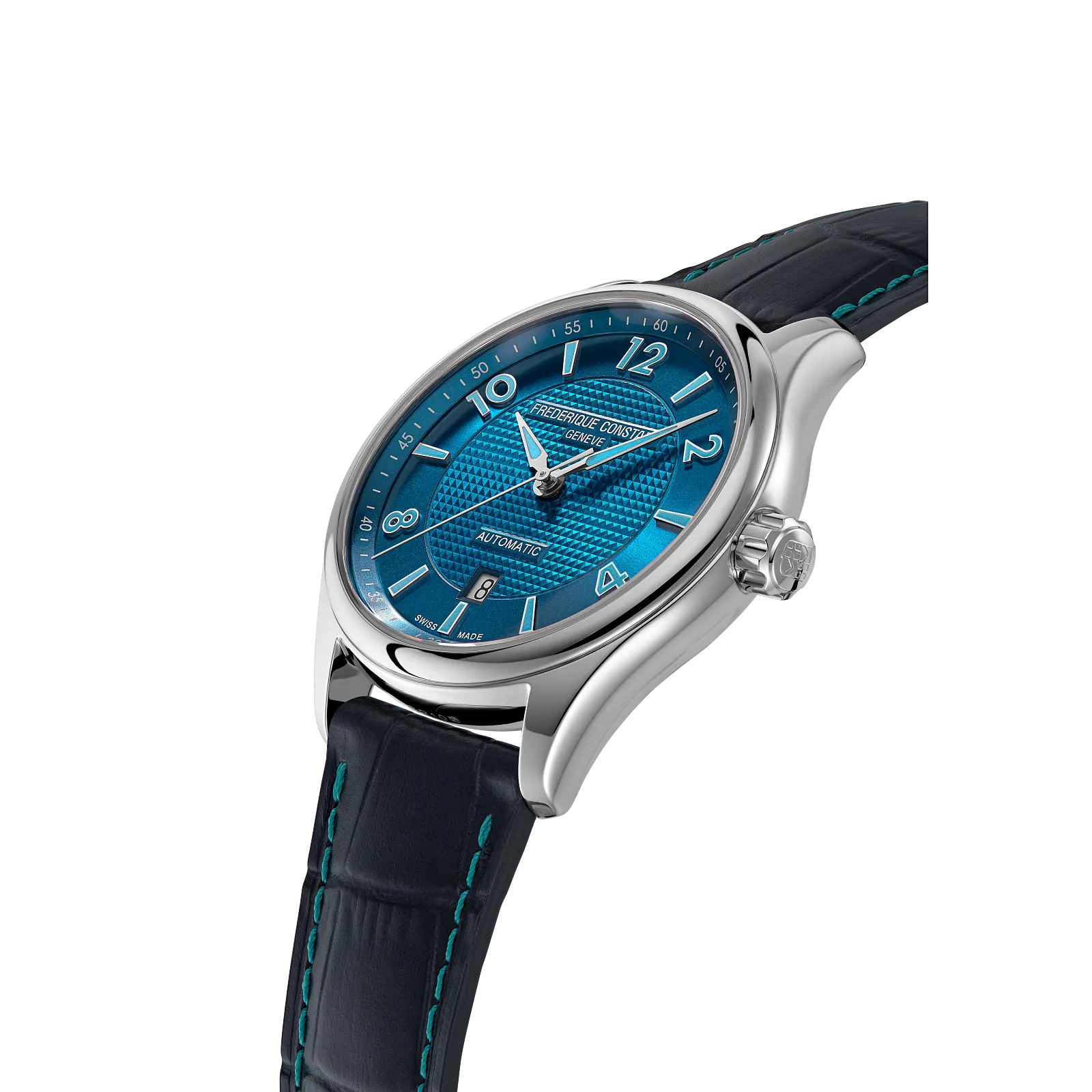 Angled profile showing the polished silver case and integrated leather strap.