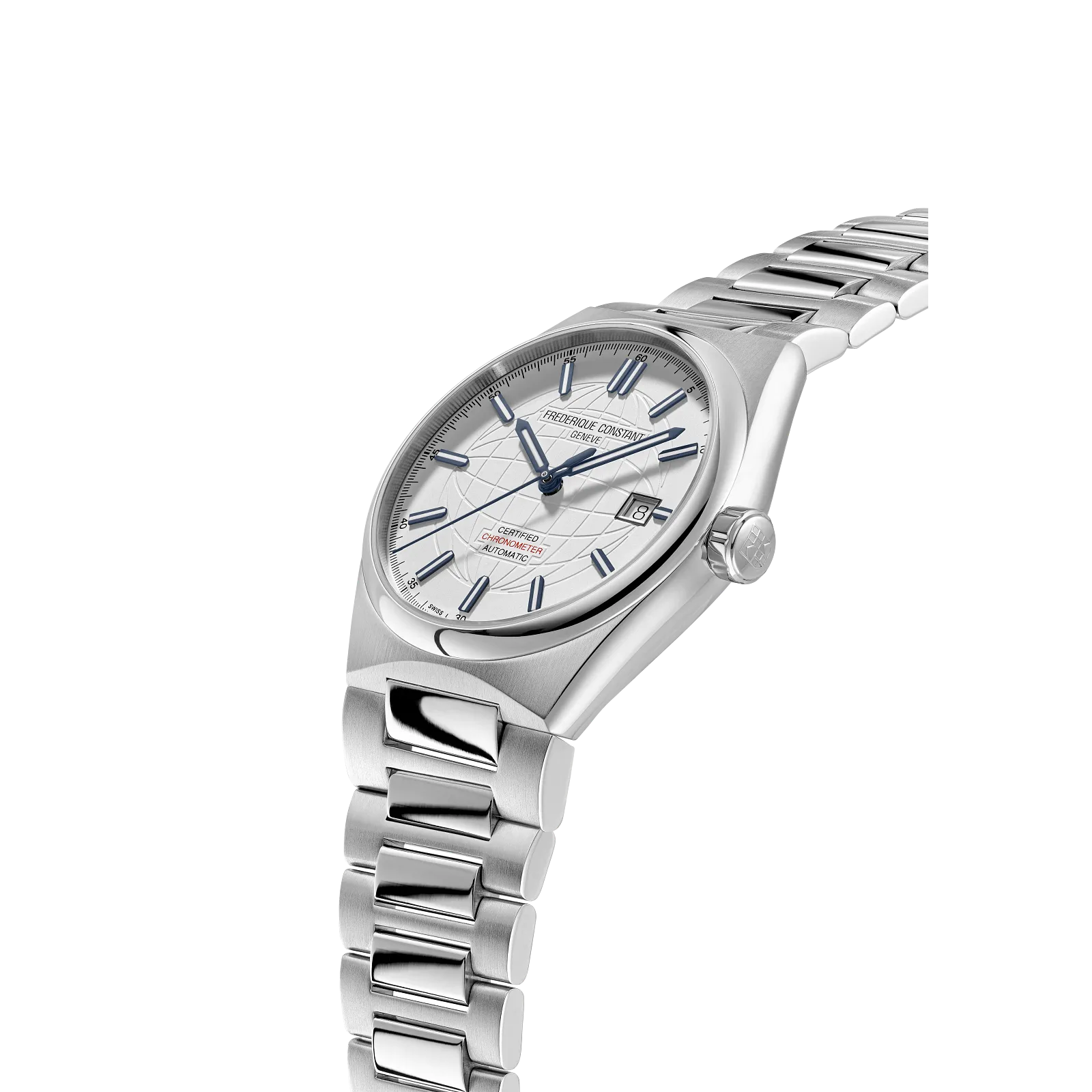 Angled profile of a luxury steel watch with a white textured dial.