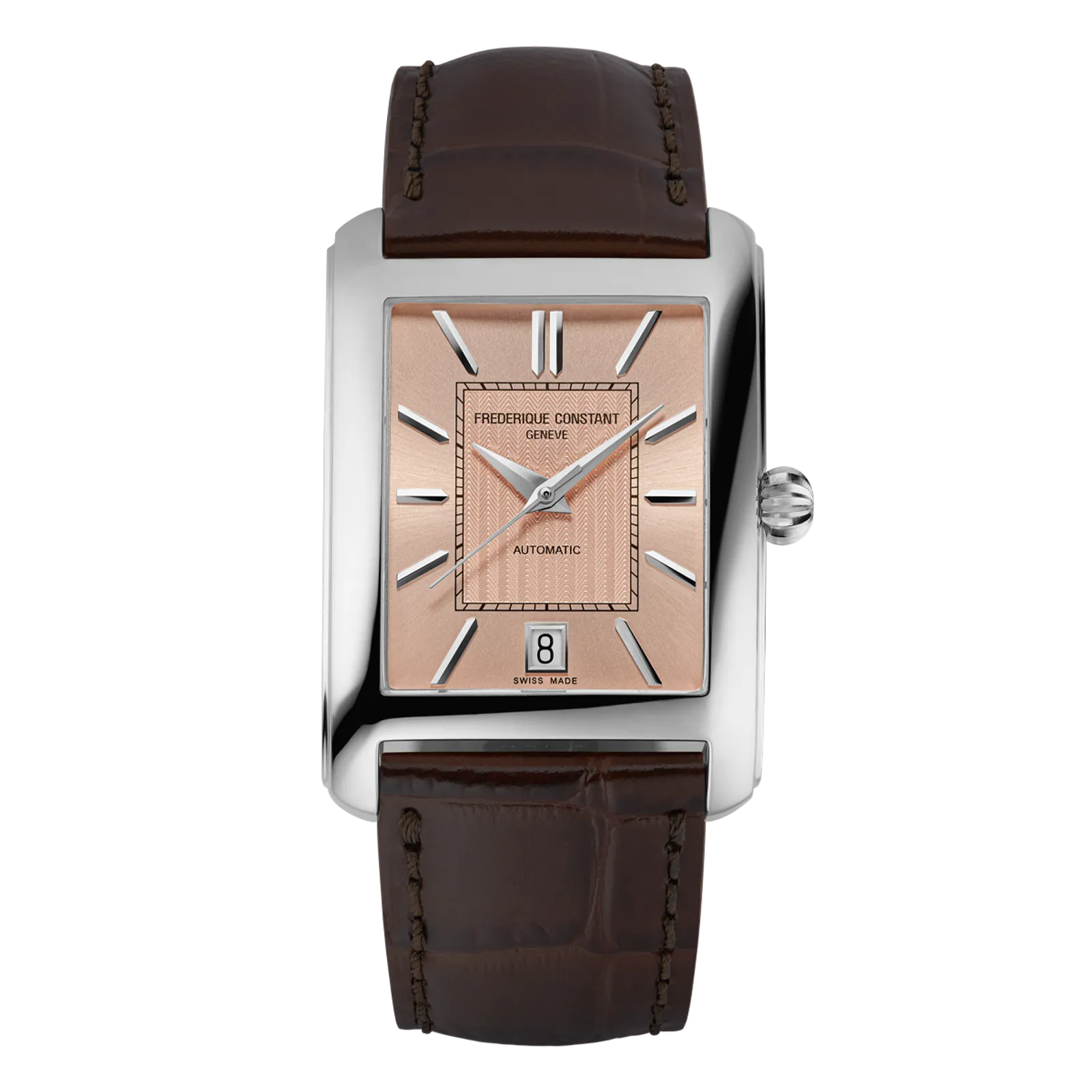 Rectangular silver watch with a salmon pink dial and brown leather strap.