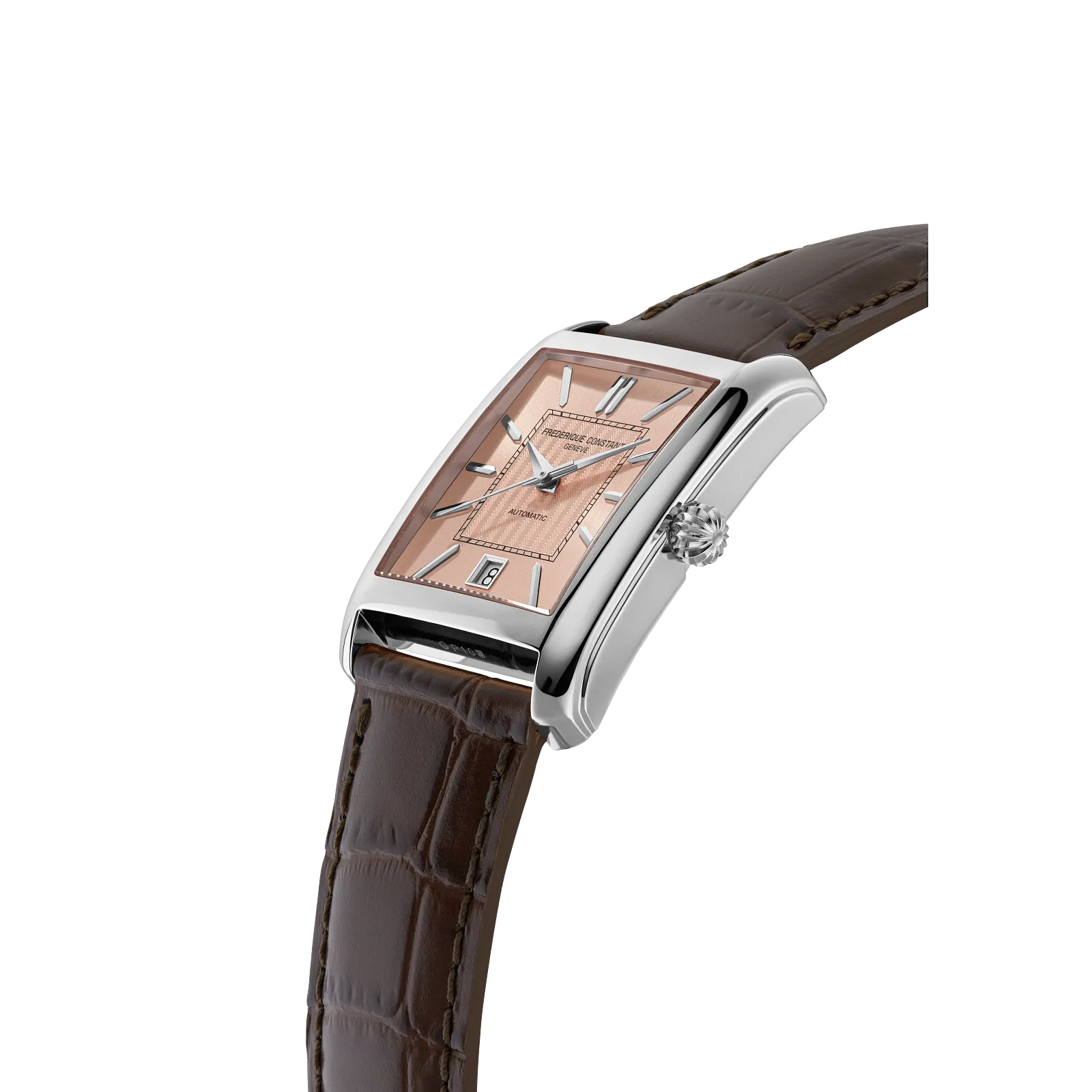 Profile view of the rectangular silver case and brown leather strap.