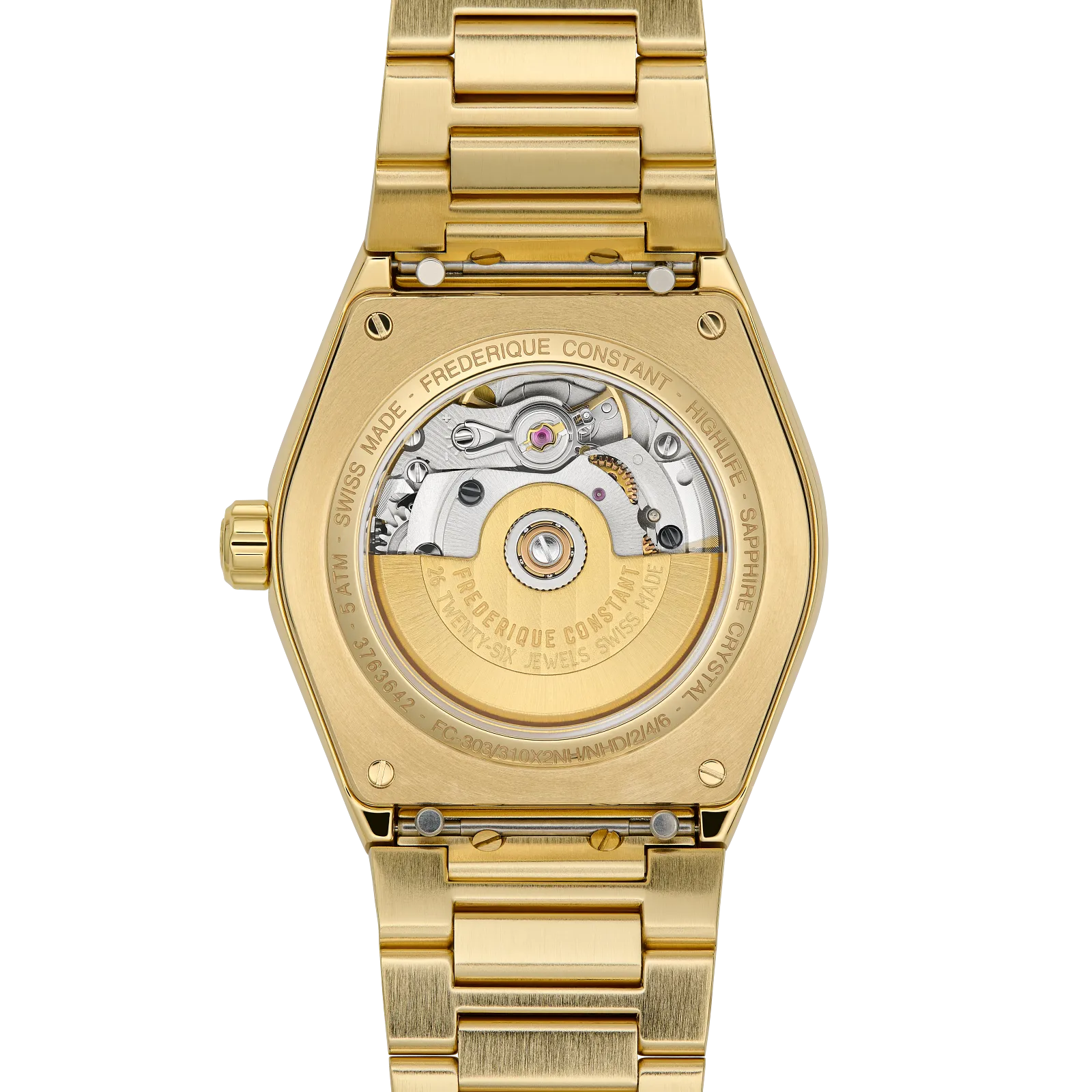 Back view of the watch showing the gold-plated bracelet and the transparent case back revealing the internal mechanical movement.
