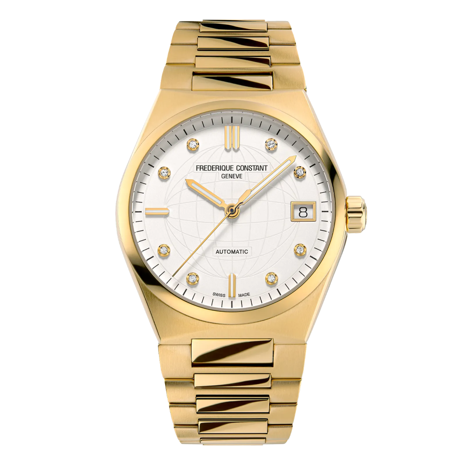 Front view of a gold Frederique Constant automatic watch with a white textured dial and integrated bracelet.