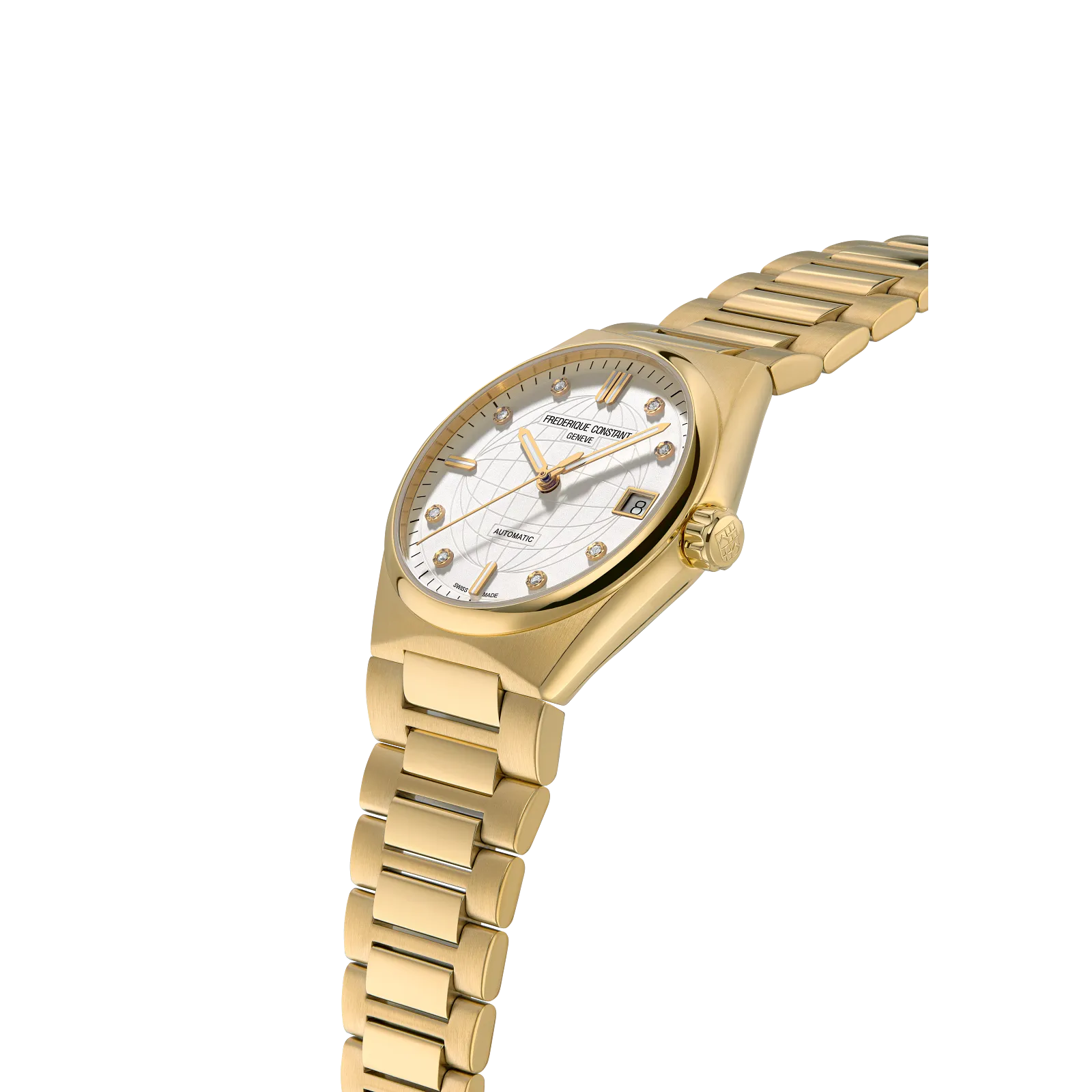 Angled side view of the watch showcasing its slim profile, crown, and the polished gold finish of the case and links.