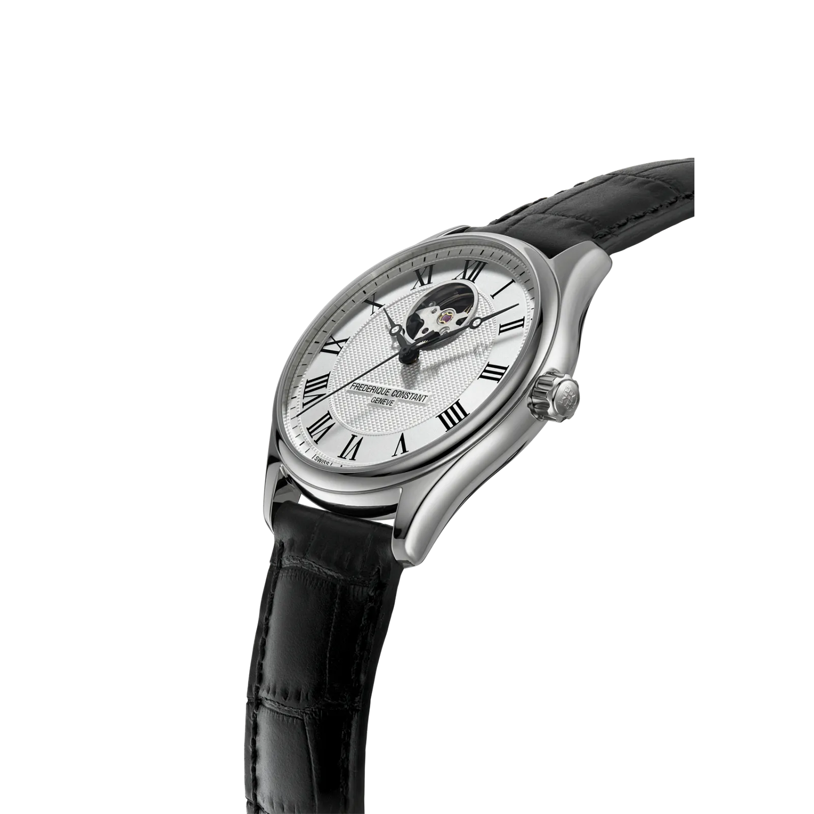 Side angle of the watch showing the slim case profile and black strap.