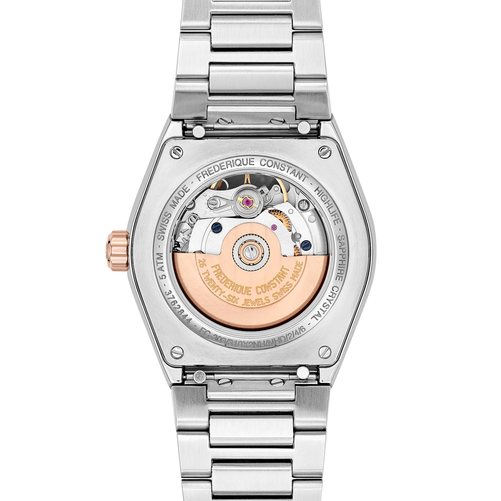 Detailed view of the exhibition caseback revealing the automatic movement and the rose gold oscillating weight.