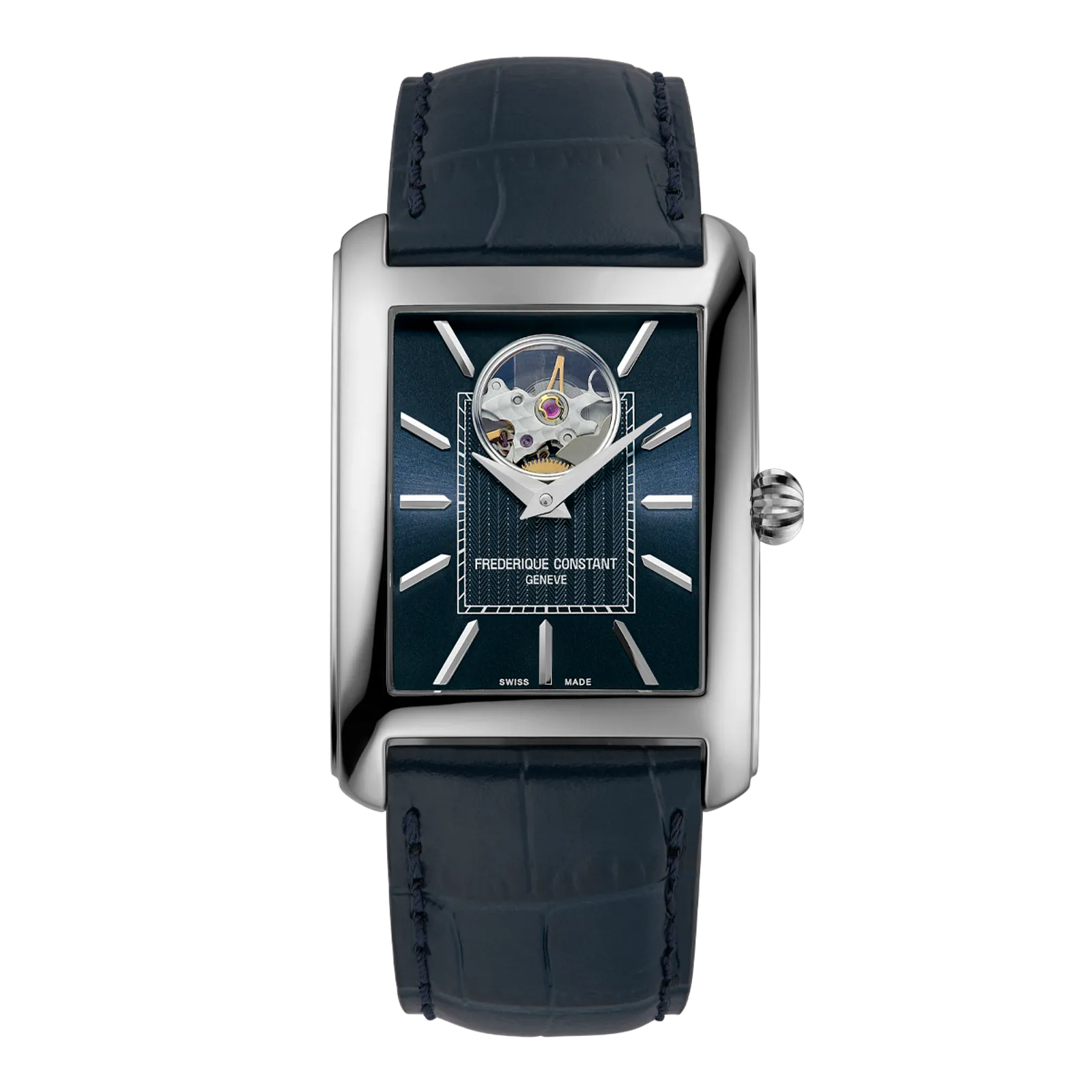 Silver rectangular watch with an open-heart navy blue dial and matching navy leather strap.