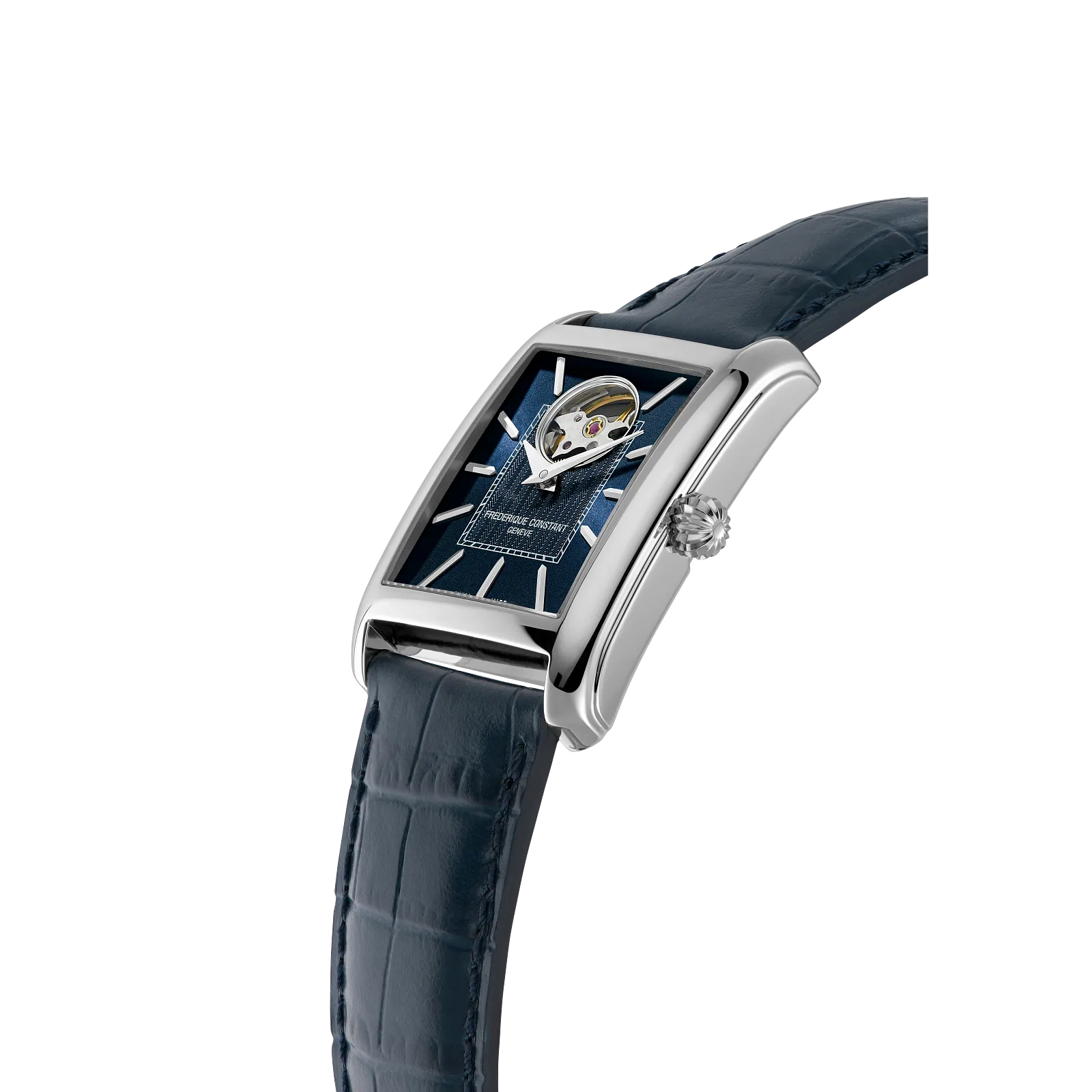 Angled view of the polished silver case and navy blue leather strap.