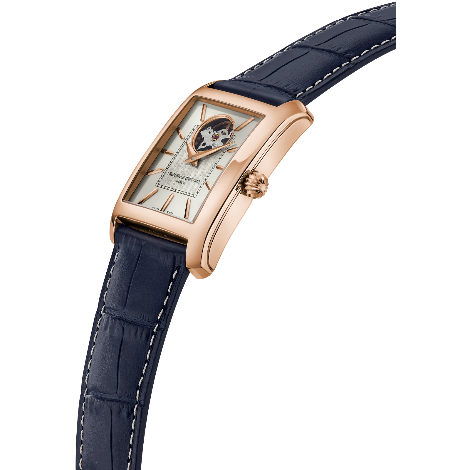 Profile view of the curved rose gold case and textured navy blue leather strap.