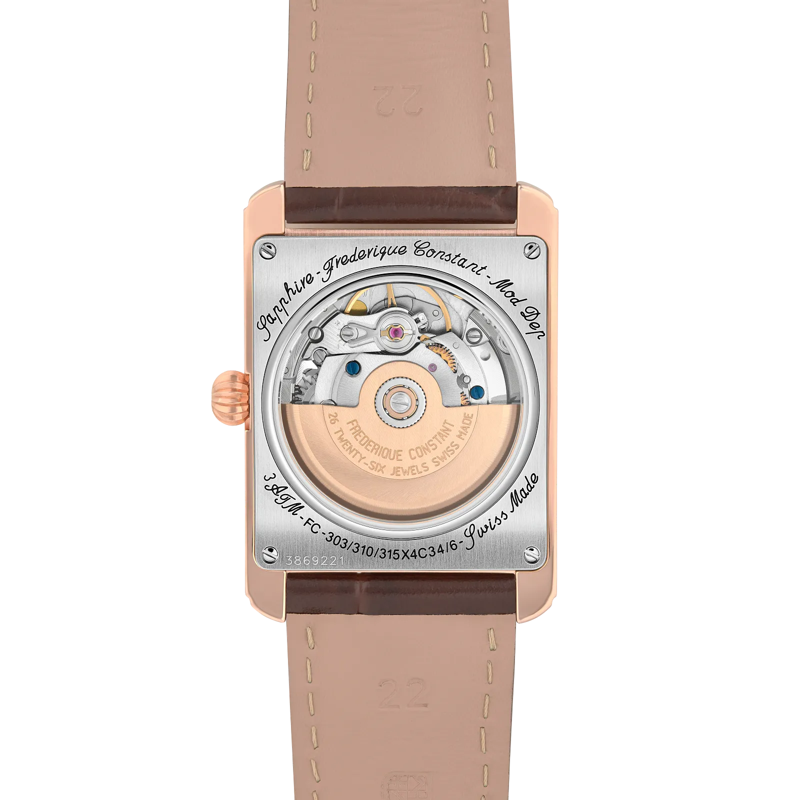 Exhibition case back revealing the automatic movement and rose gold-tone rotor.
