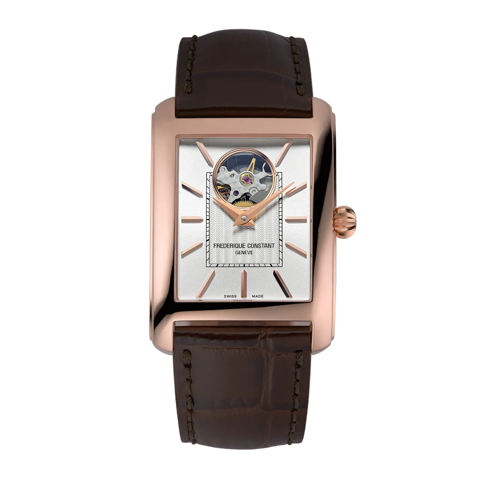 Rose gold rectangular watch with an open-heart white dial and brown leather strap.