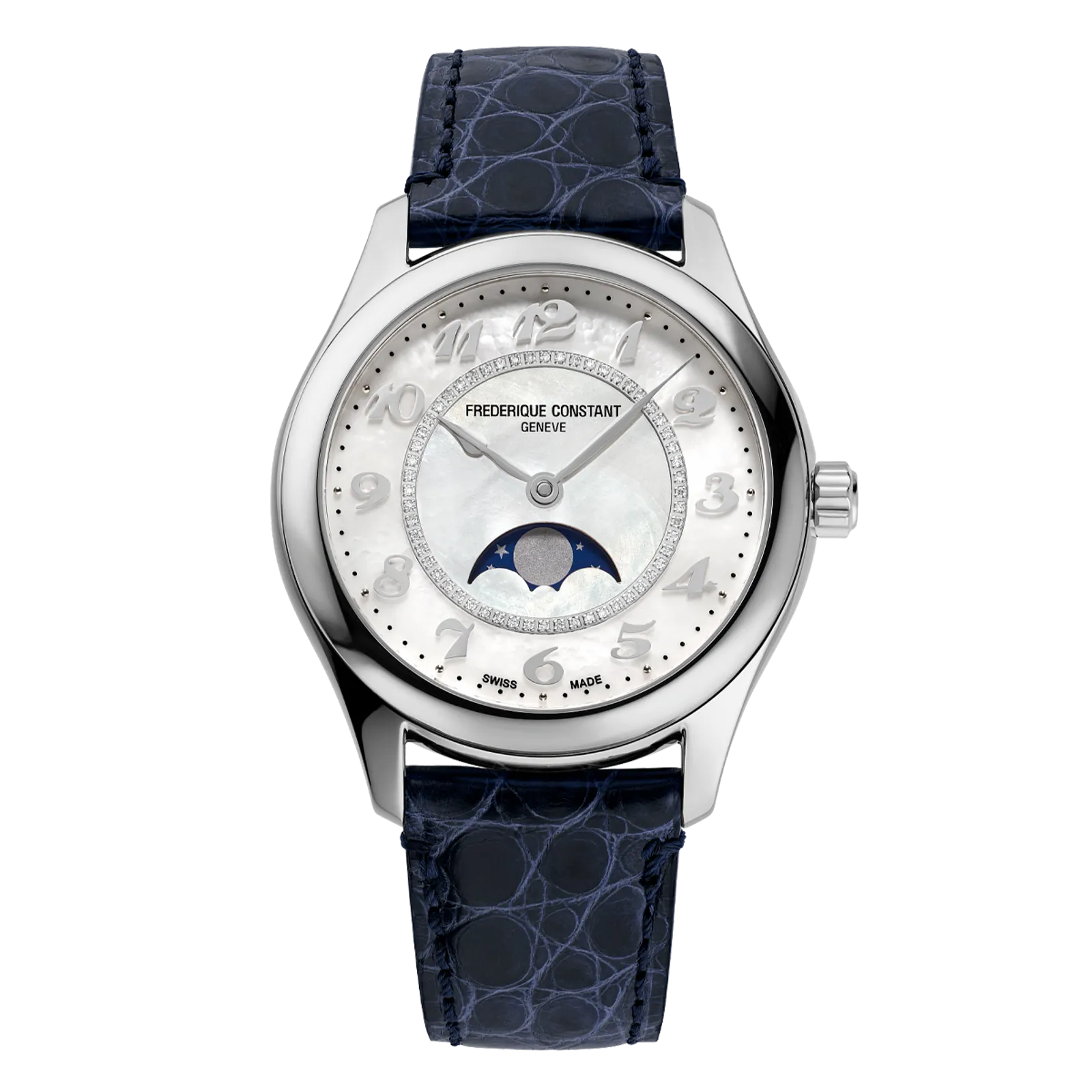 Round silver watch with a mother-of-pearl moonphase dial, blue Roman numerals, and a matching navy blue crocodile-texture leather strap.