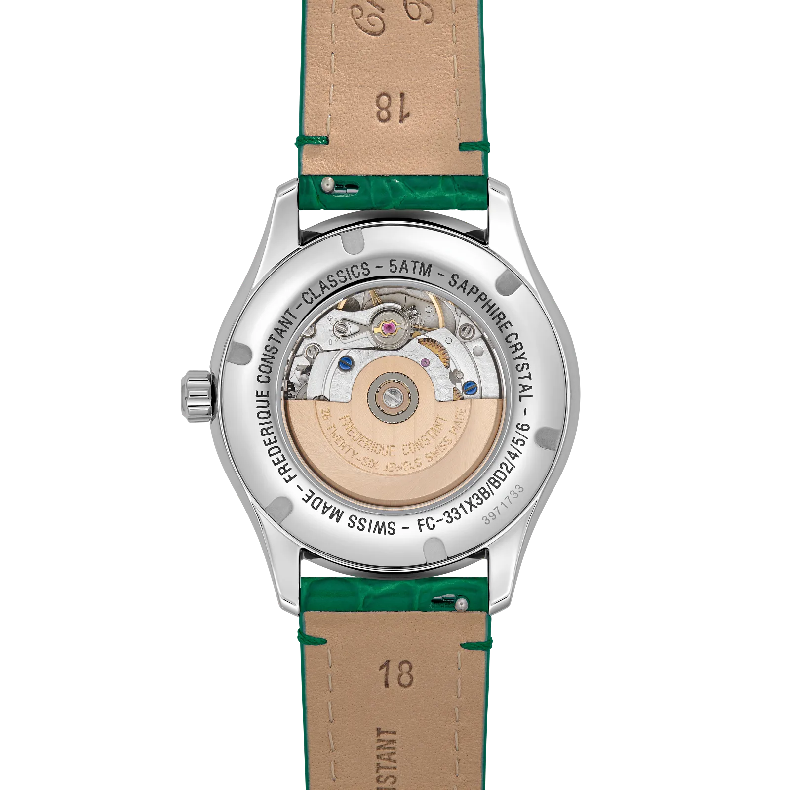 Frontal view of a slim silver timepiece featuring a textured olive green crocodile leather strap.