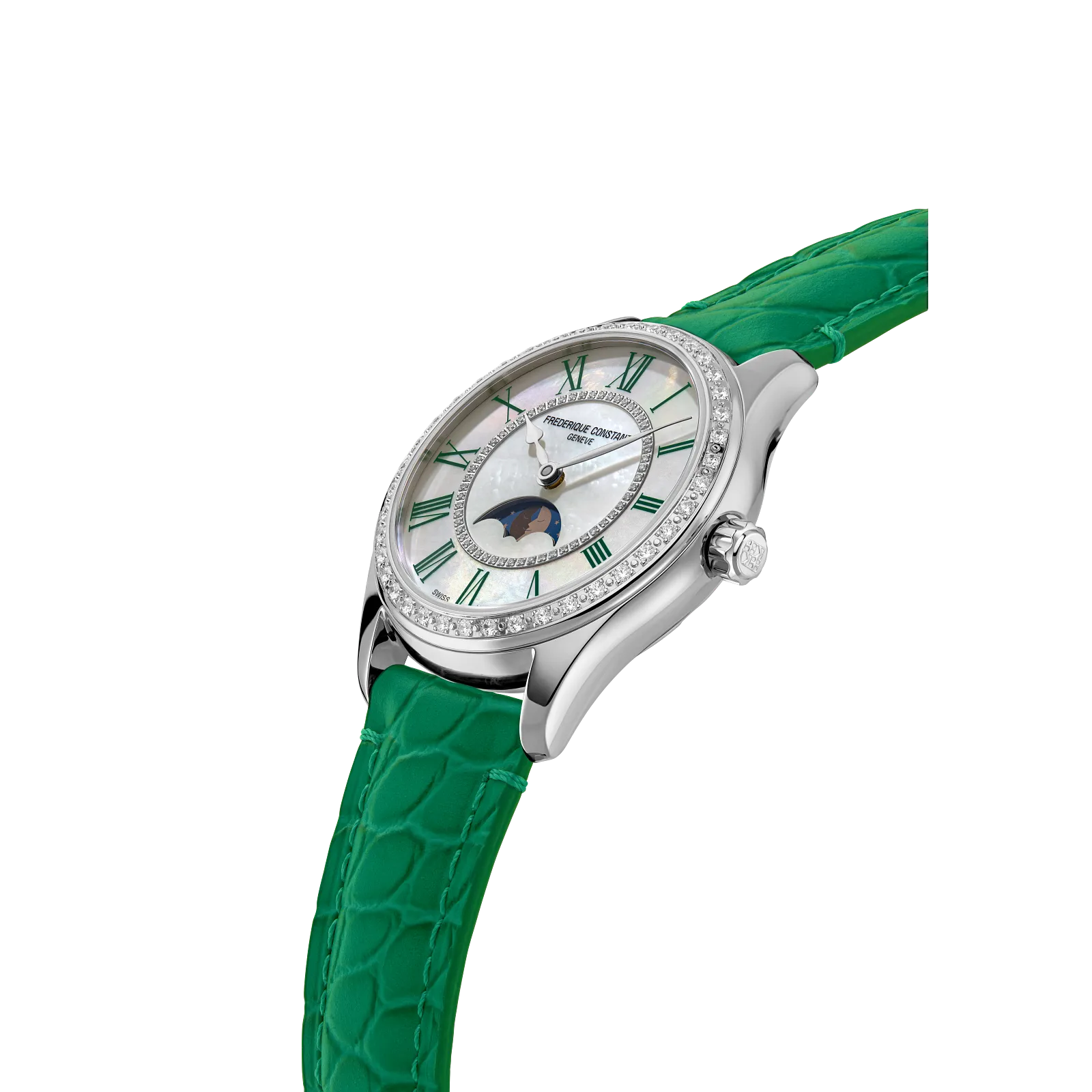 Profile shot highlighting the diamond bezel and the curved olive green leather strap.