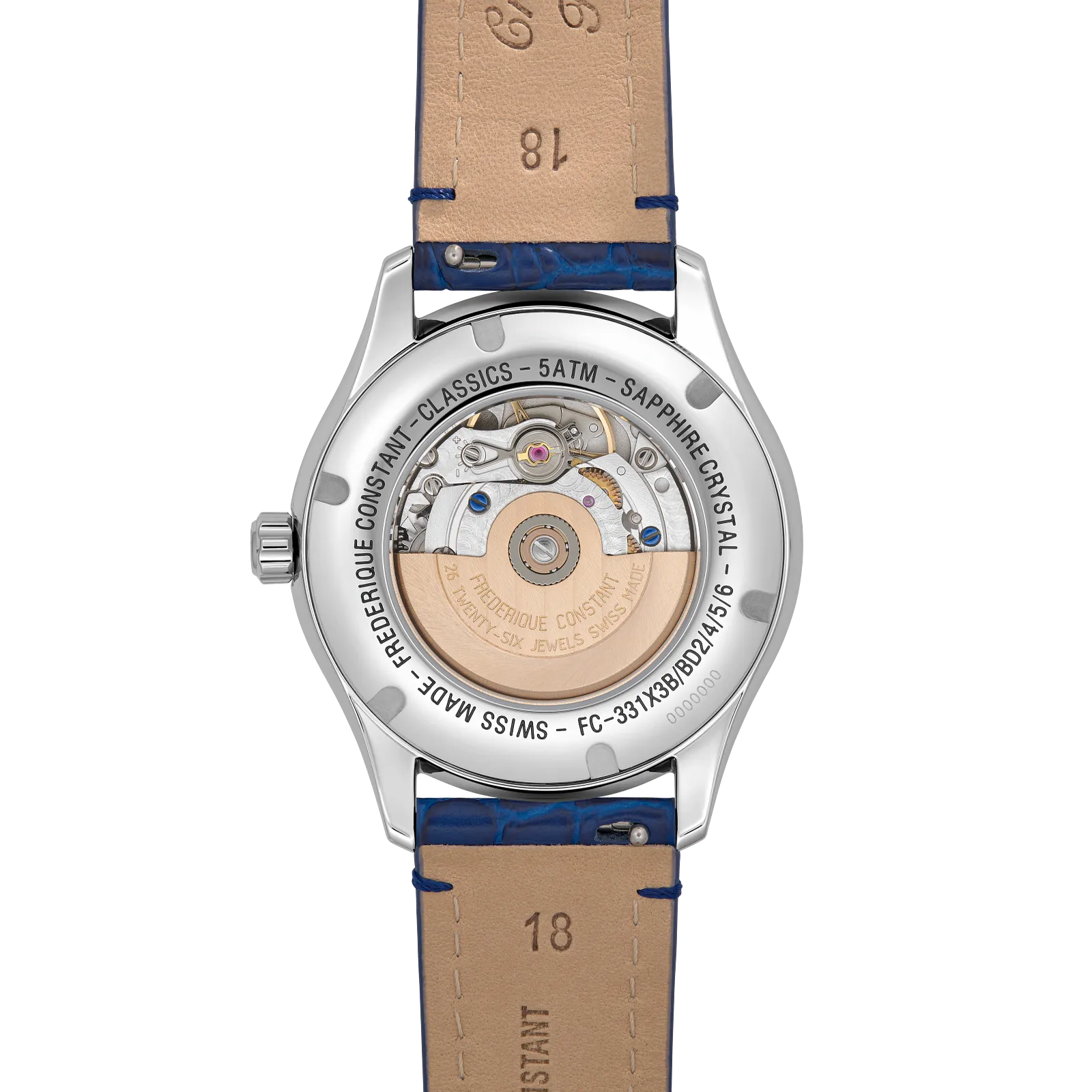Exhibition caseback revealing the automatic movement and the tan lining of the blue leather strap.