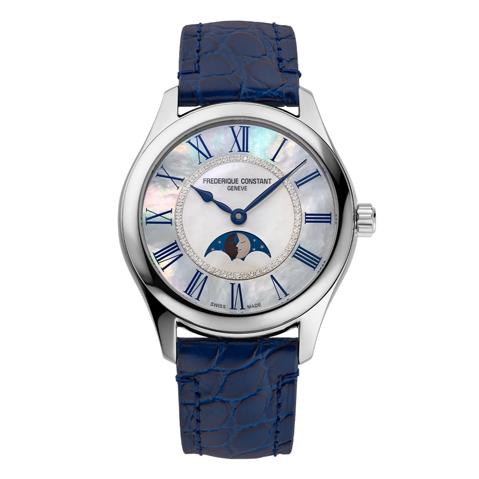 Silver moonphase watch with a mother-of-pearl dial, blue Roman numerals, and a blue crocodile leather strap.
