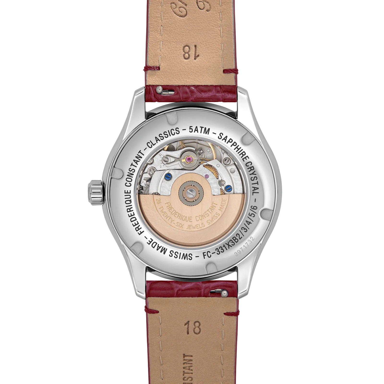 Exhibition caseback revealing the internal automatic movement and the tan lining of the burgundy leather strap.