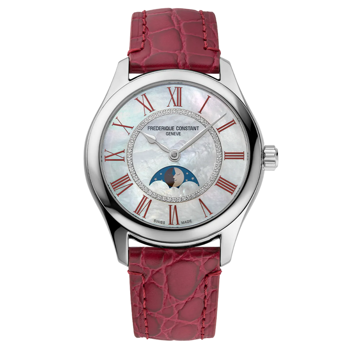 Luxury silver watch with a mother-of-pearl moonphase dial, rose-toned Roman numerals, and a burgundy crocodile leather strap. Frederique Constant Classics Elegance Luna White Mother of Pearl 36 mm FC331MPWRD3B6 front view