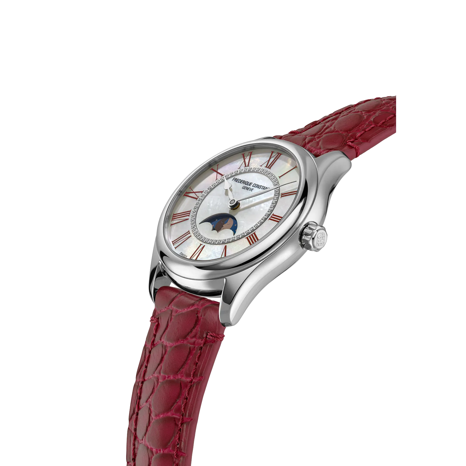 Side profile highlighting the polished silver case, moonphase window, and textured burgundy leather strap.
