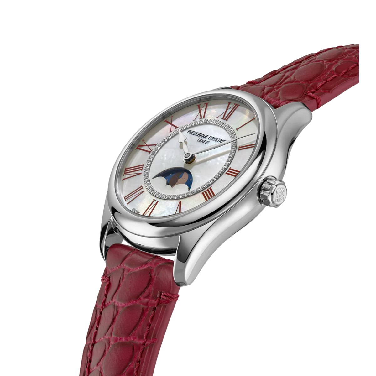 Side profile highlighting the polished silver case, moonphase window, and textured burgundy leather strap. Frederique Constant Classics Elegance Luna White Mother of Pearl 36 mm FC331MPWRD3B6 closeup