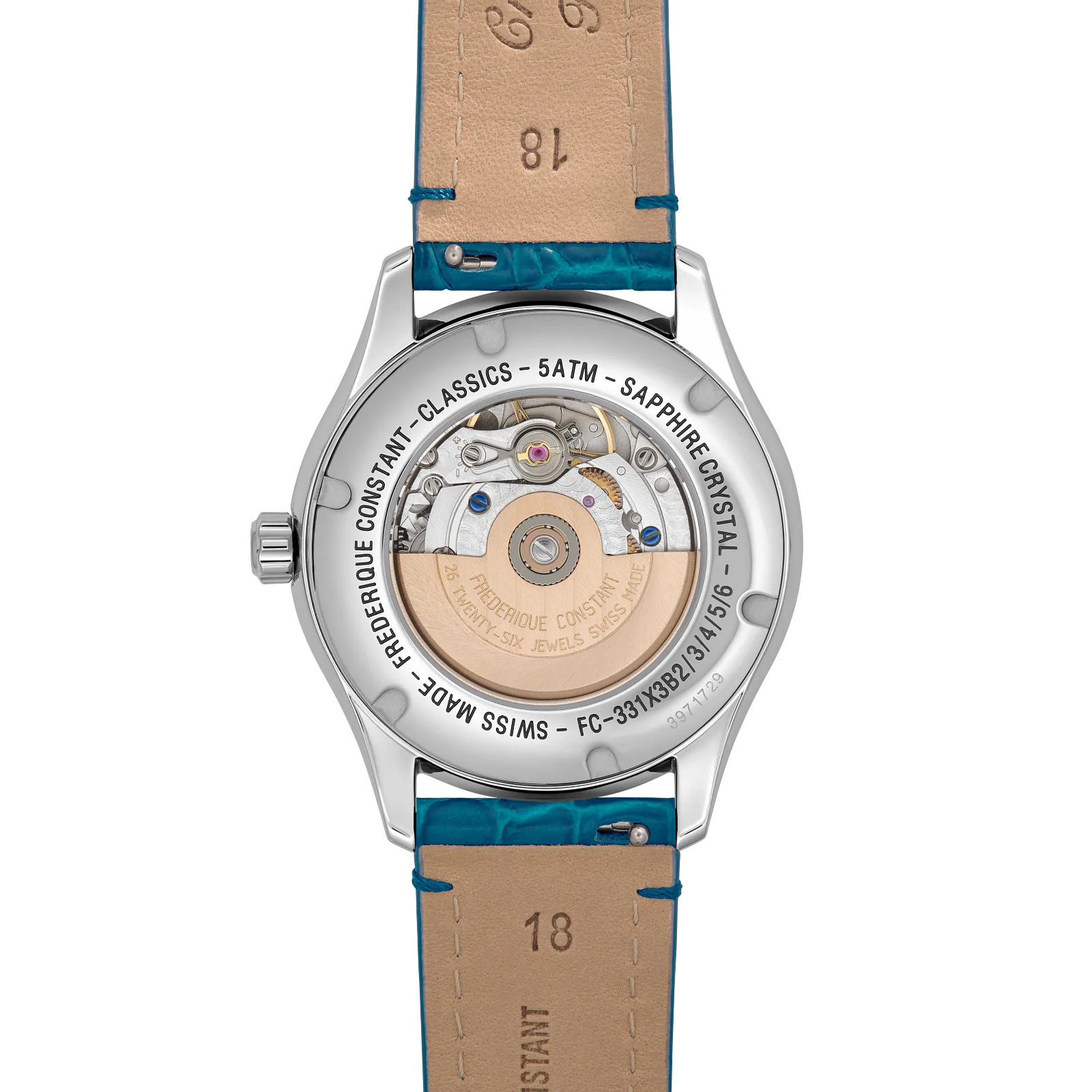 Exhibition caseback showing the automatic movement and the underside of the turquoise leather watch strap.