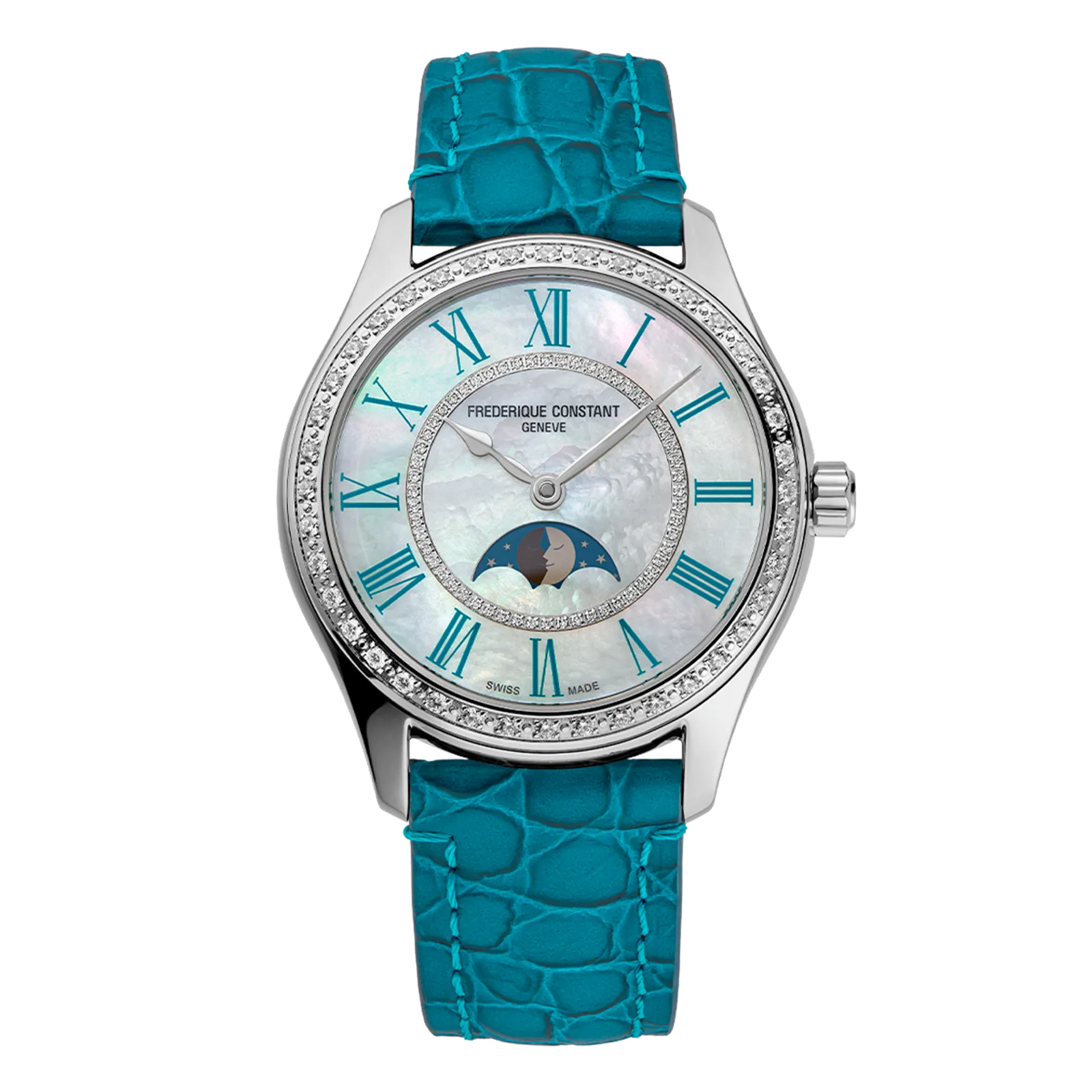 Diamond-set silver watch with a mother-of-pearl moonphase dial, turquoise Roman numerals, and a matching turquoise crocodile leather strap.