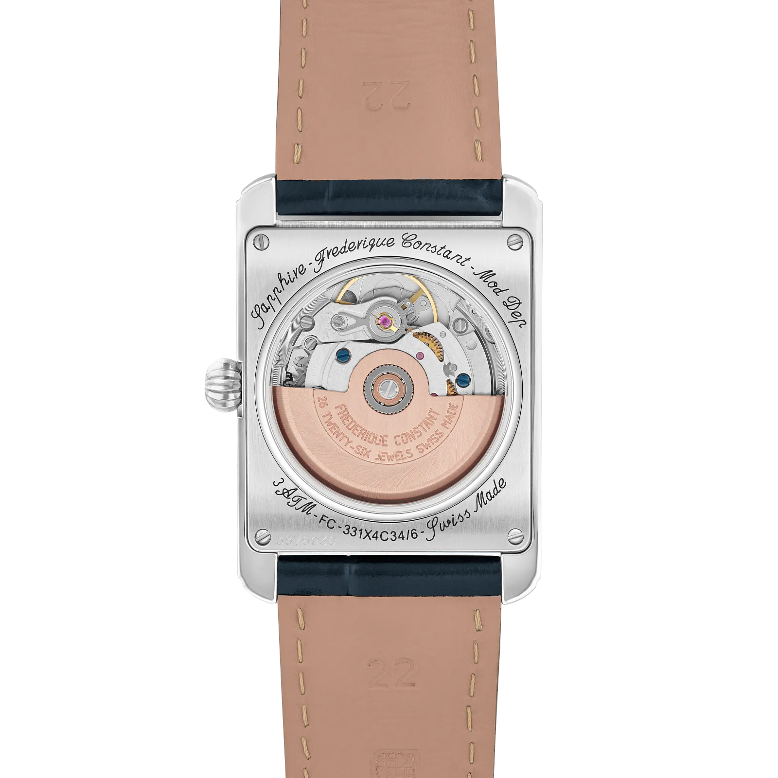 Exhibition case back view showing the automatic movement and rose gold-toned rotor.