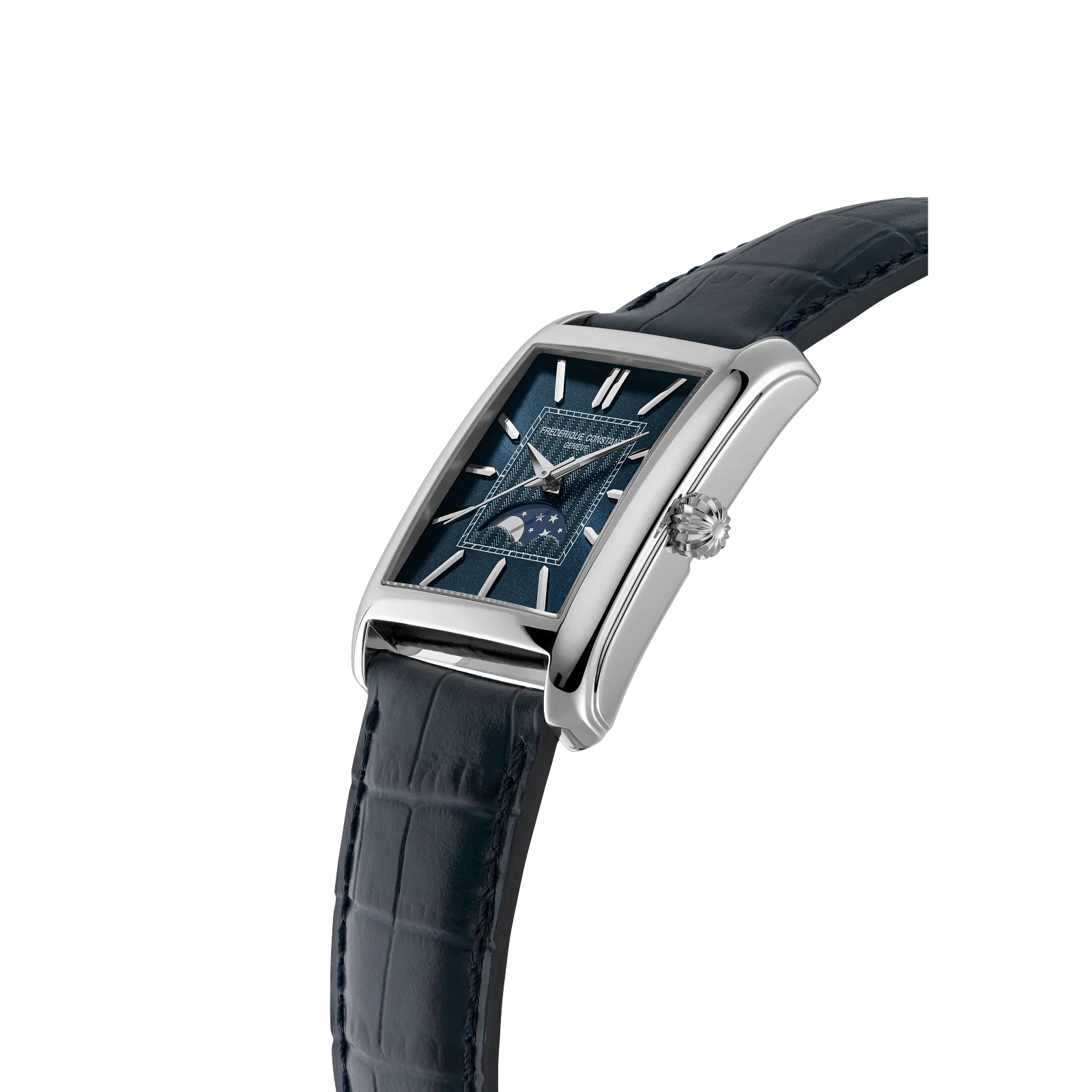 Angled side profile highlighting the polished tank-style case and navy leather strap.
