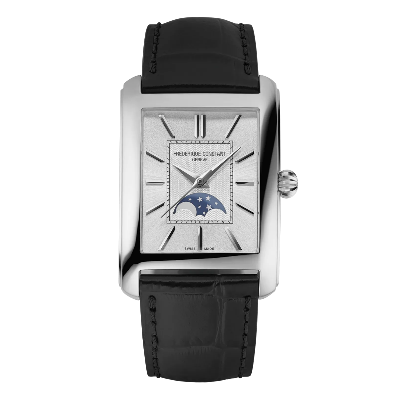Rectangular silver watch with a white moonphase dial and black leather strap.