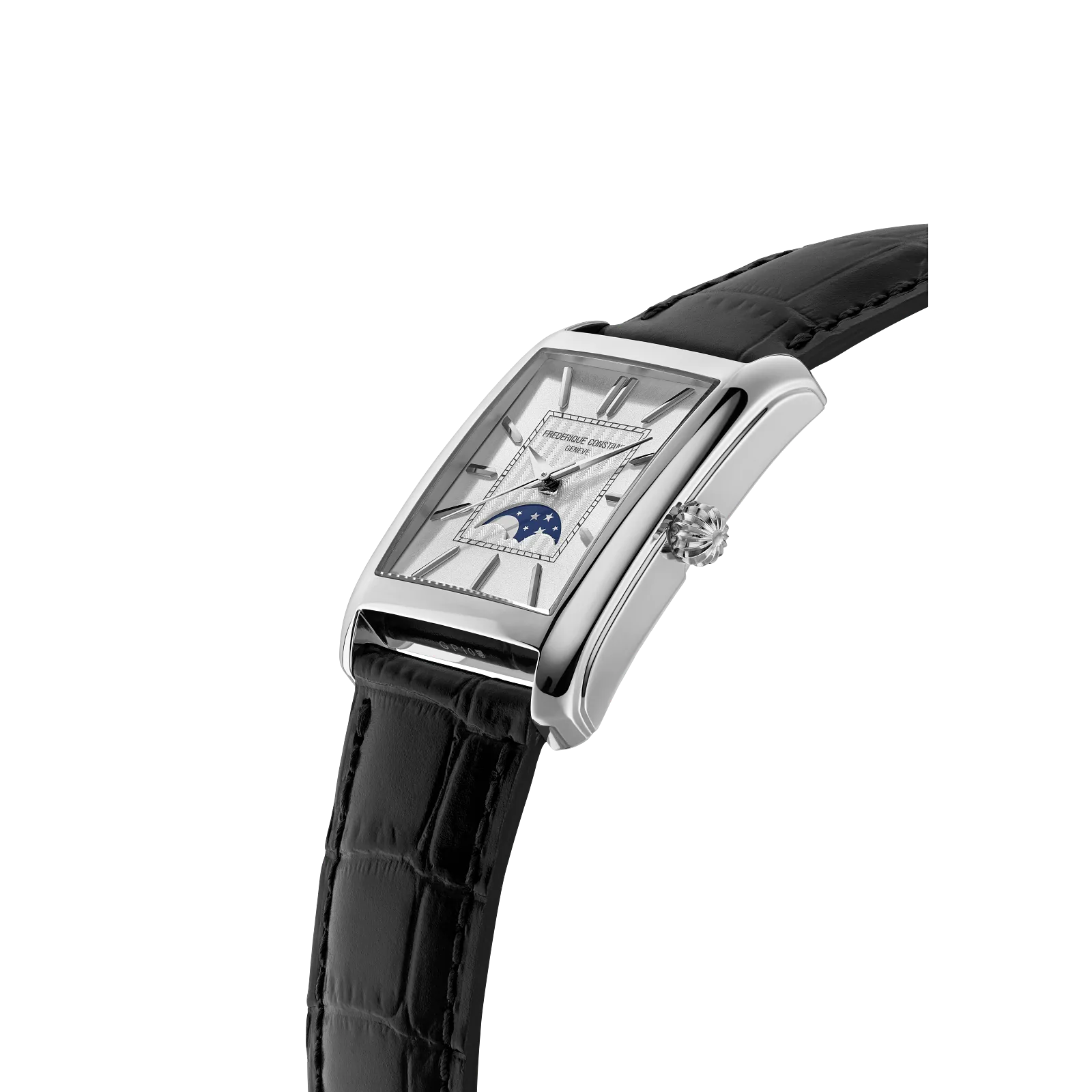 Profile view of the curved silver case and textured black leather strap.