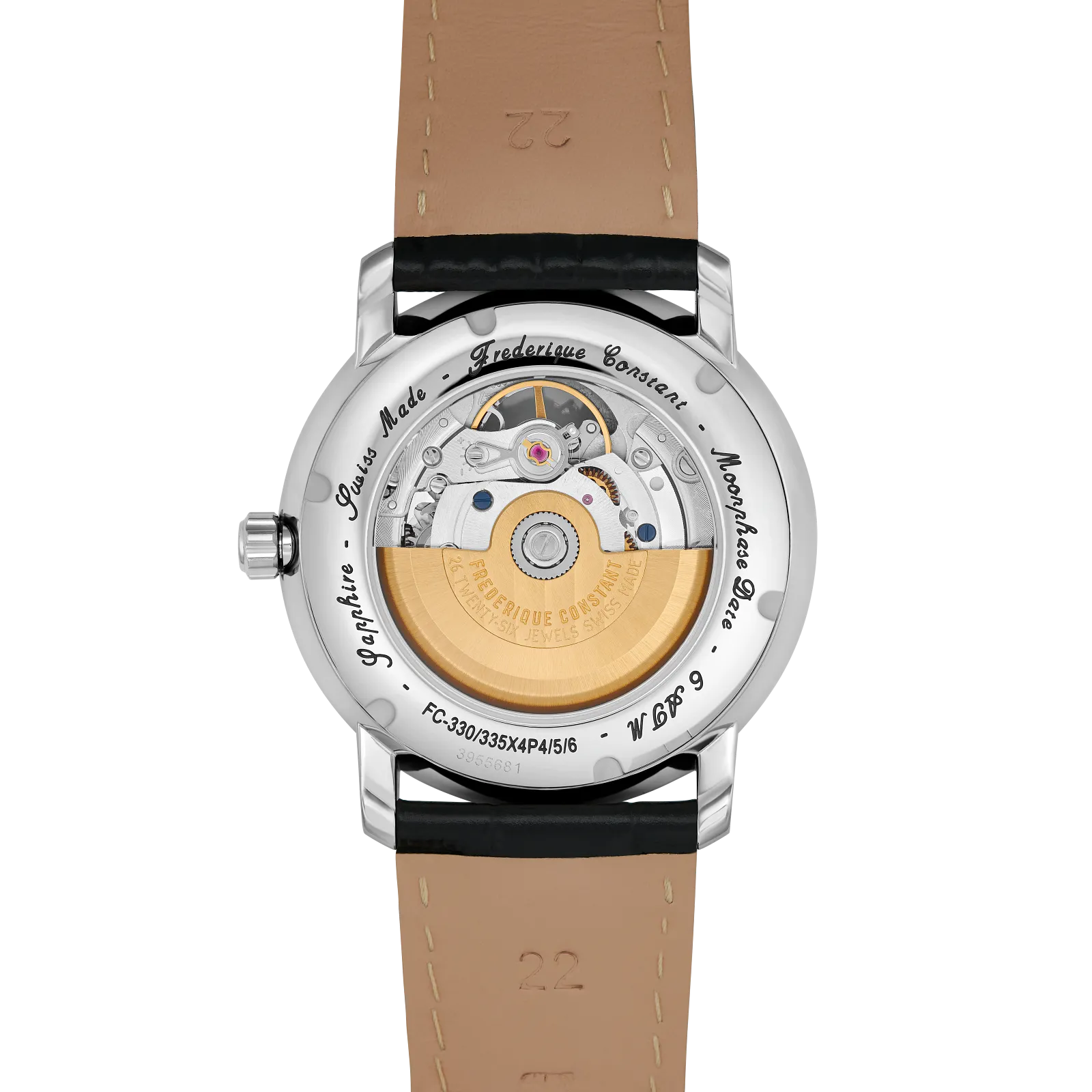 Exhibition case back revealing the automatic movement and gold-tone rotor.