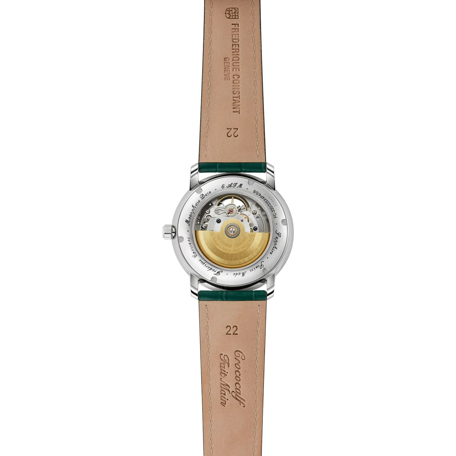 Back view showing the internal gold-tone rotor through the exhibition case back.
