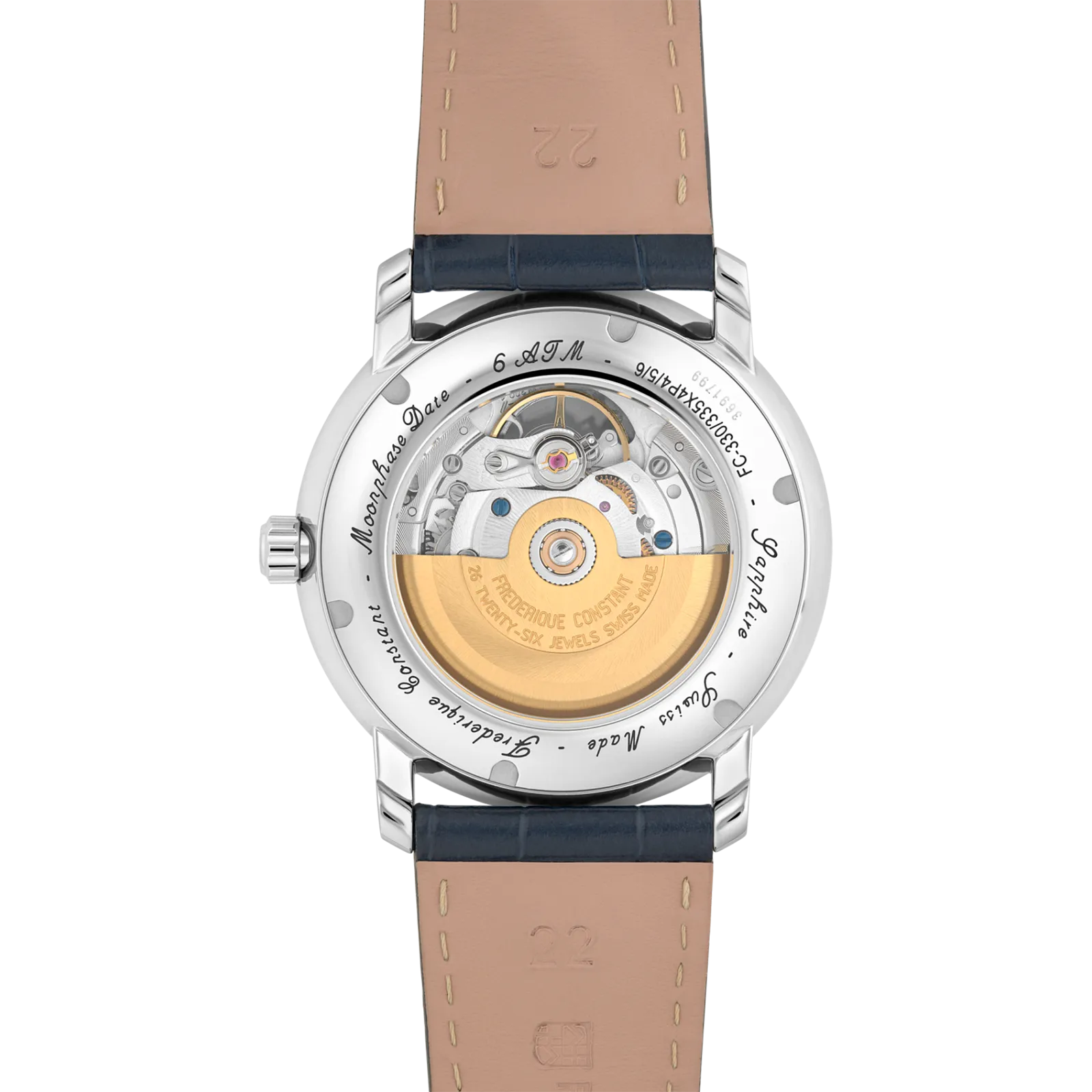 Back view showing the gold-tone automatic rotor through the exhibition case back.